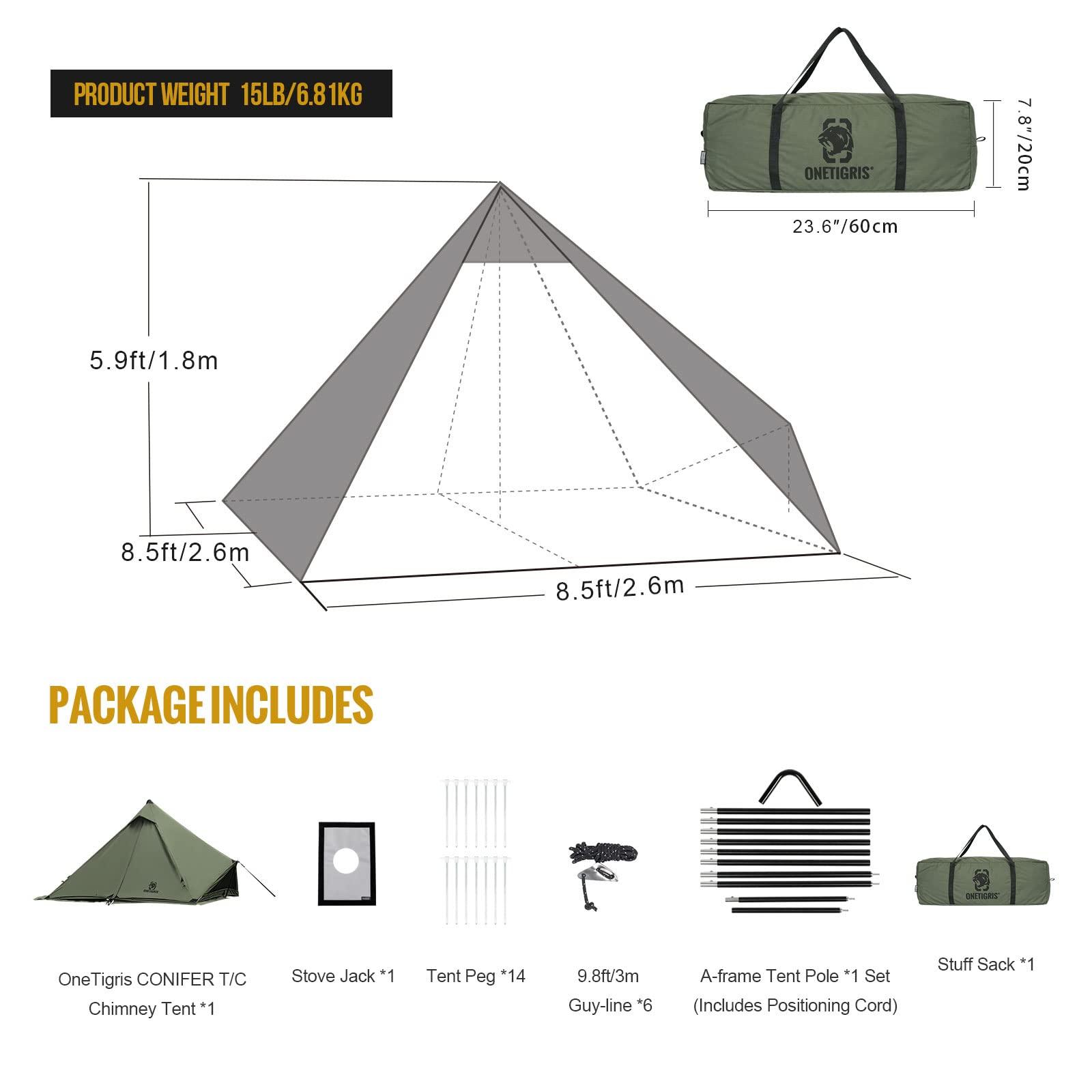 ONETIGRIS OneTigris Conifer Canvas Hot Tent with Stove Jack, Fire Retardant Teepee for Adults, Snow Skirt for Winter Camping, Travel, Bushcraft