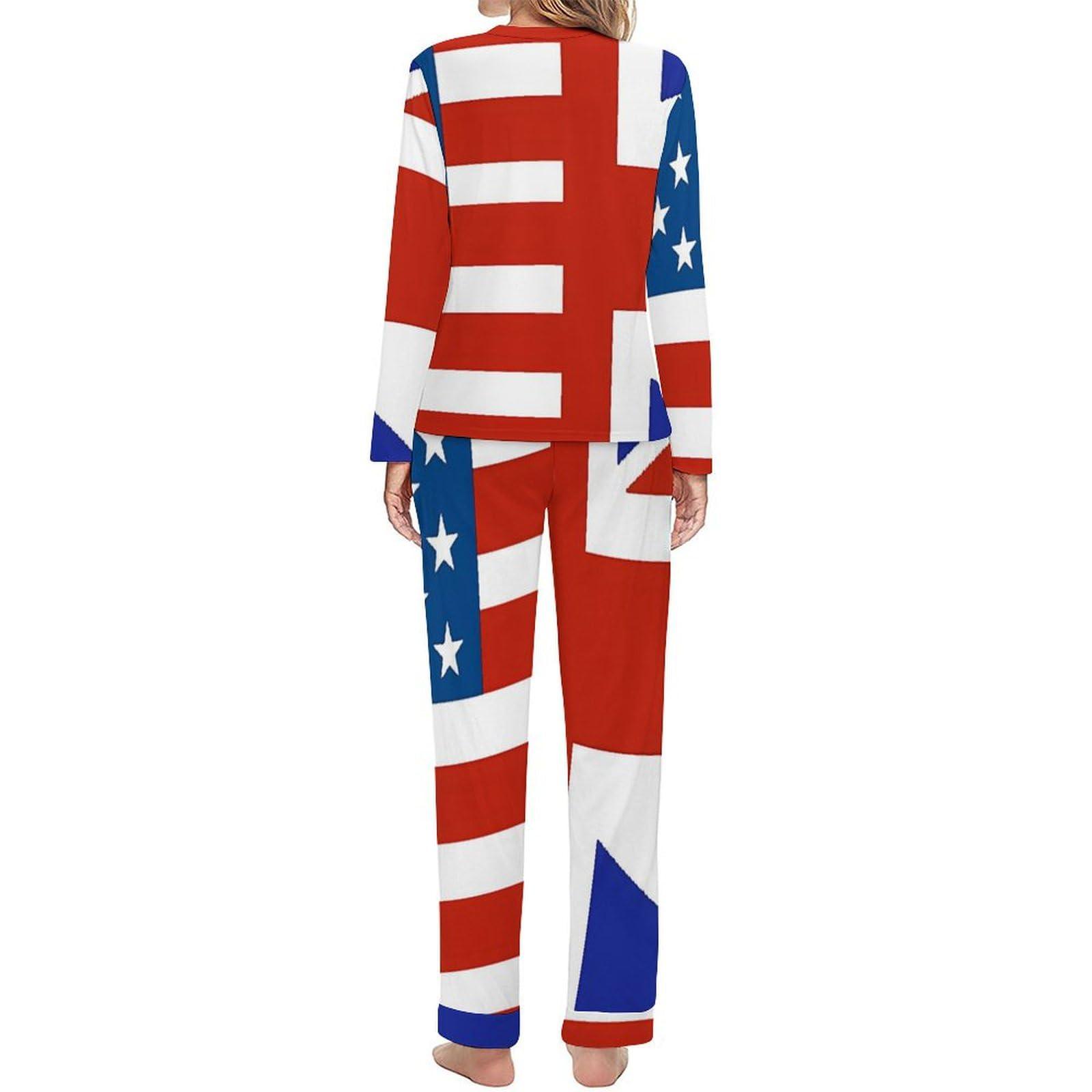 Generic U.S. And Union Jack Flag Women\'s Pajamas Two Pieces Set Long Sleeve Tops And Lounge Pants Soft Sleepwear