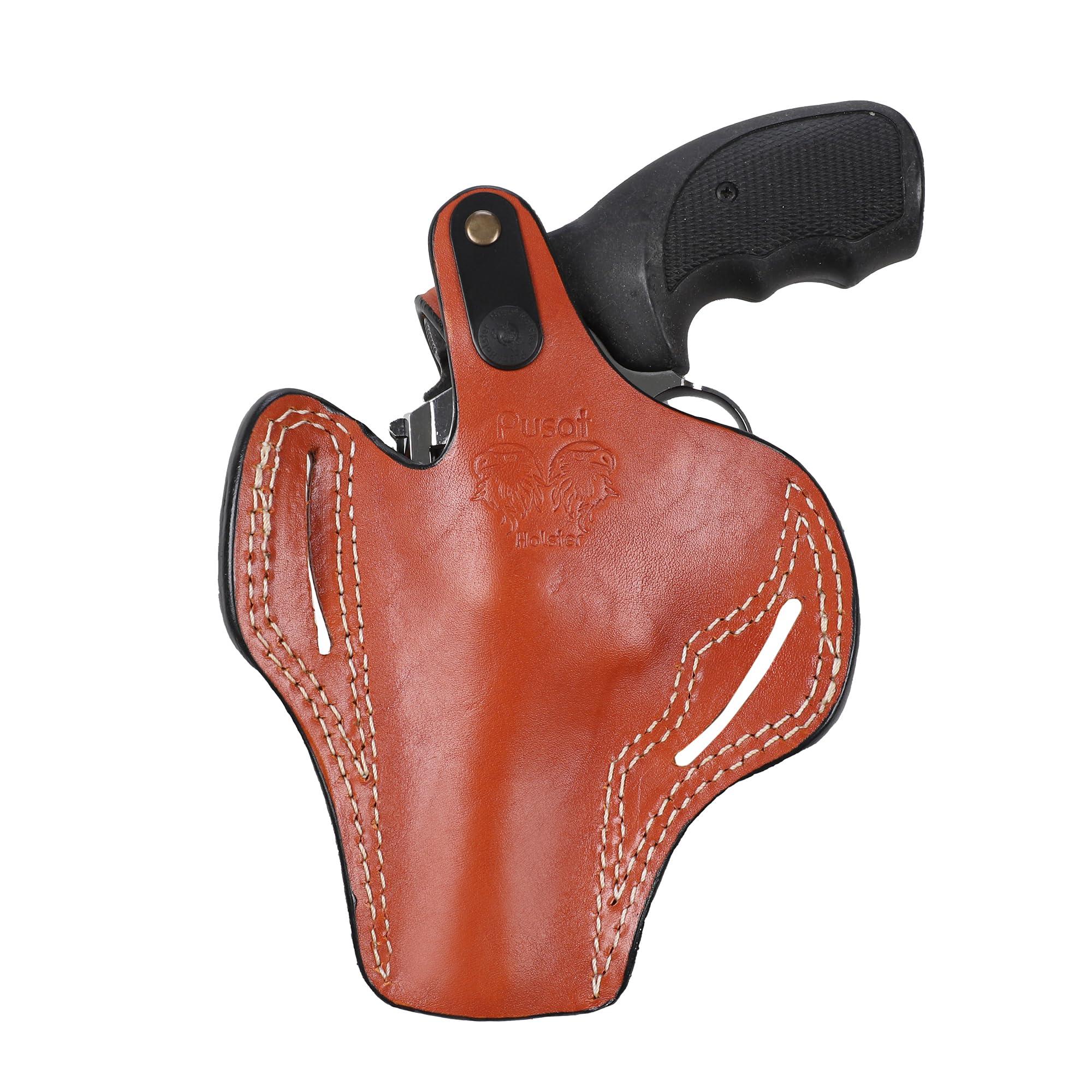 Pusat Holster Pusat Holster Premium Leather Thumb Break Belt Holster 4 inch 357MAG-38SPL for Revolver EAA Windicator (Brown Left Hand, EAA 357 Magnum)