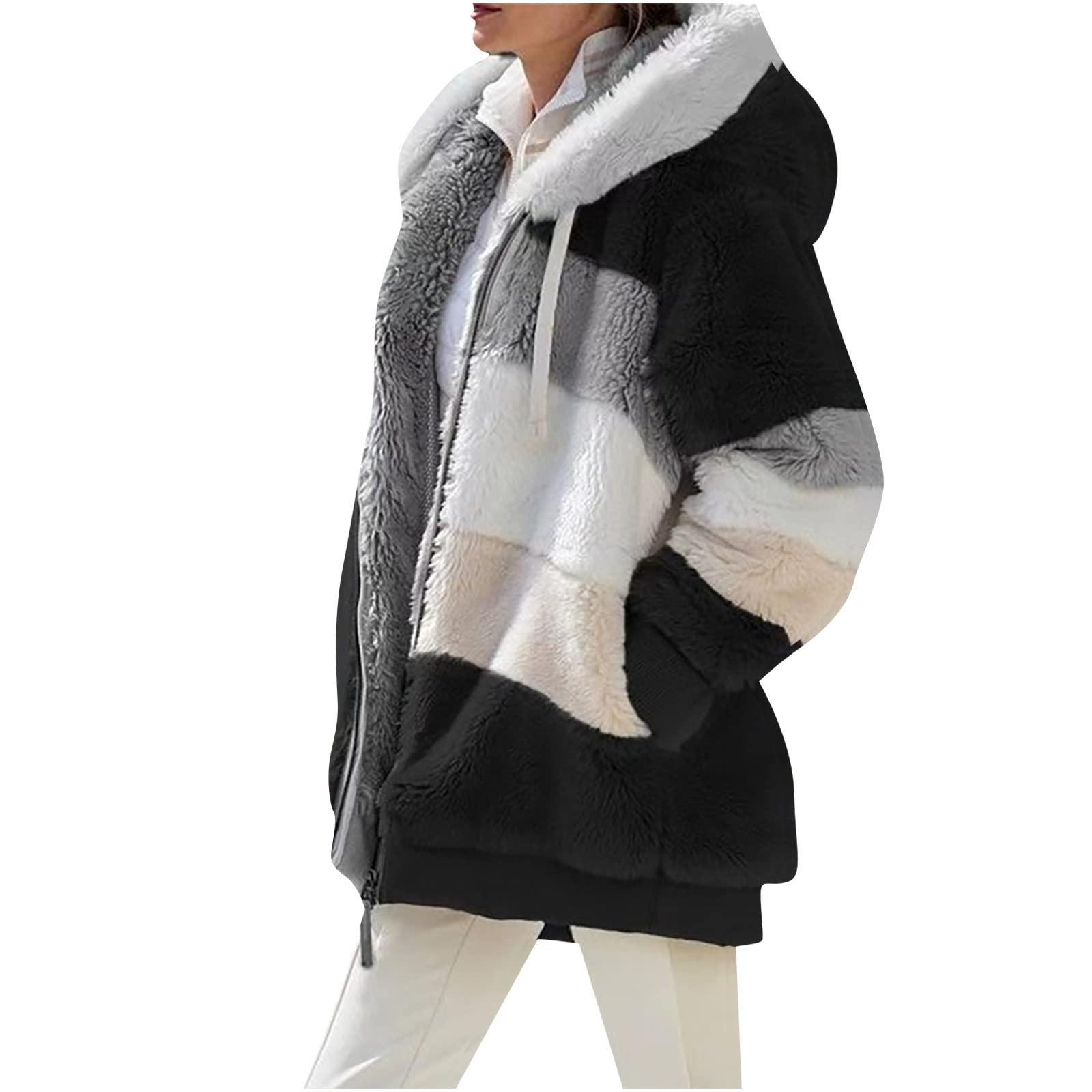 SMIDOW Oversized Fuzzy Fleece Jackets For Women Fashion 2023 Color Block Faux Fur Cardigan Coat Shaggy Warm Winter Outerwear plus size sherpa jacket Black XL