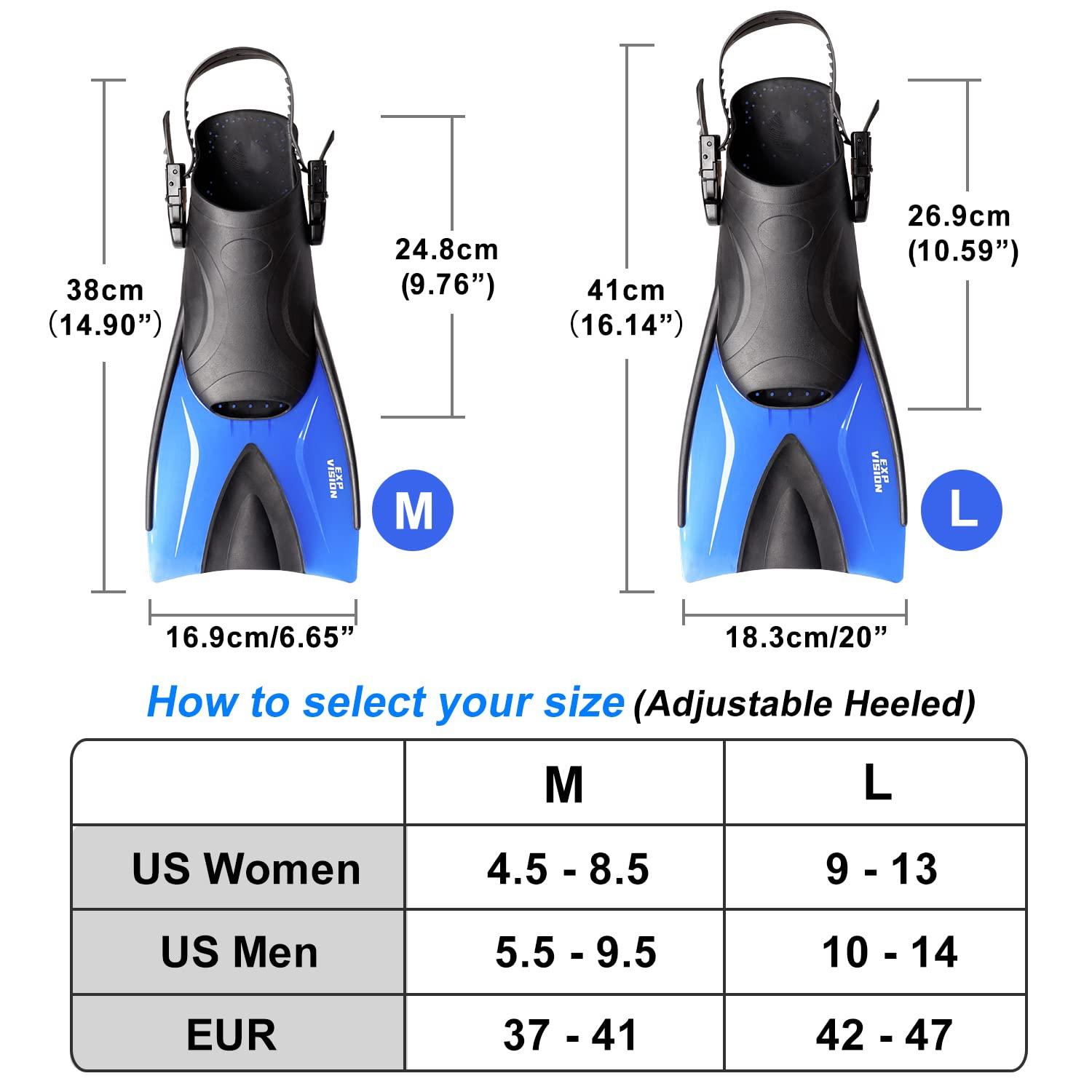 EXP VISION Mask Fin Snorkel Set, Adults Snorkeling Gear Panoramic Diving Mask and Dry Top Snorkel and Dive Flippers Kit with Travel Bag for Swimming Training, Snorkeling (Medium-Blue Set)