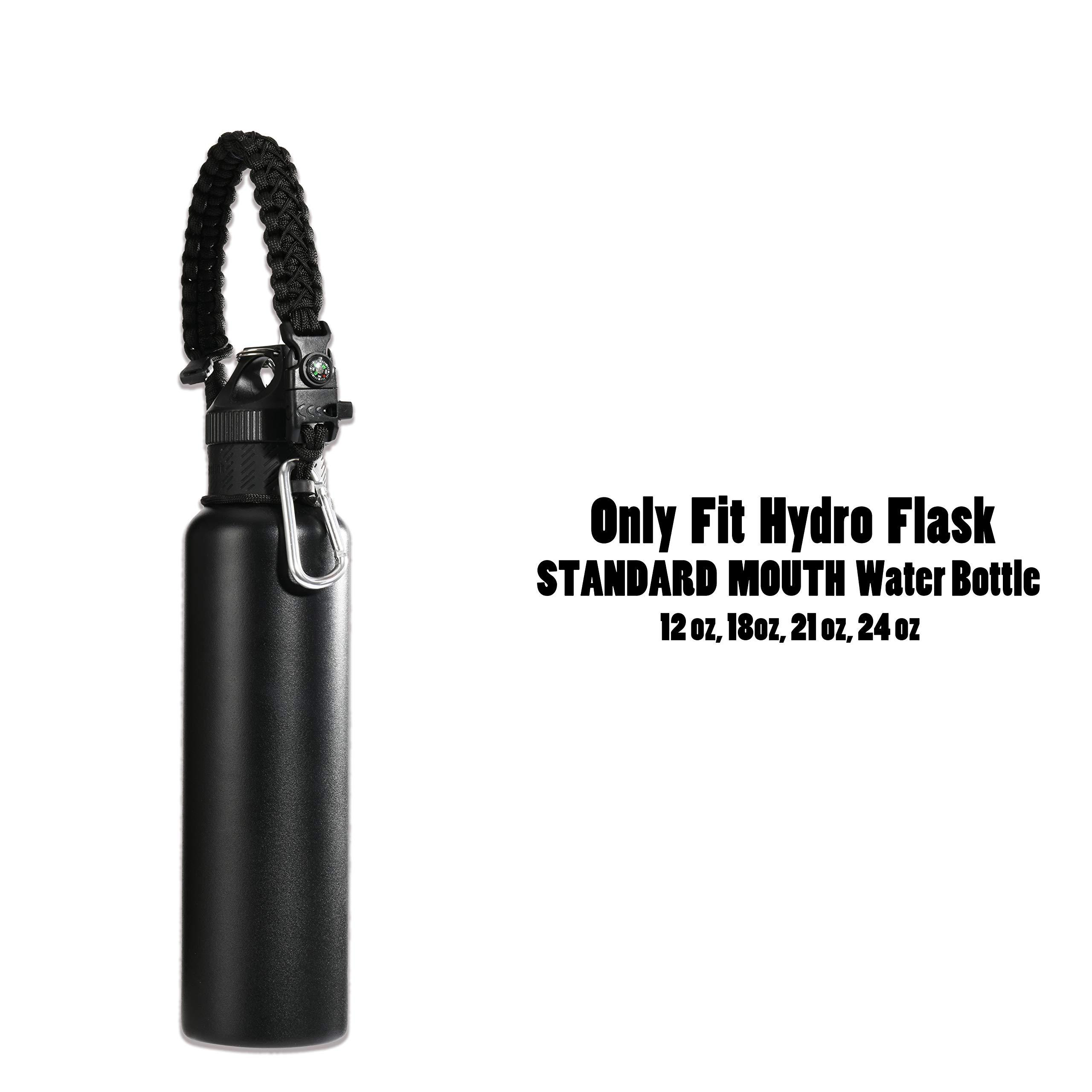 QeeCord QeeCord 2020 Paracord Handle for Hydro Flask 2.0 Wide Mouth Water Bottle Carrier with New Ring and Carabiner, 12oz, 16oz, 18oz, 20oz, 32oz, 40oz, 64oz (12 oz-24 oz Standard Mouth, Black)