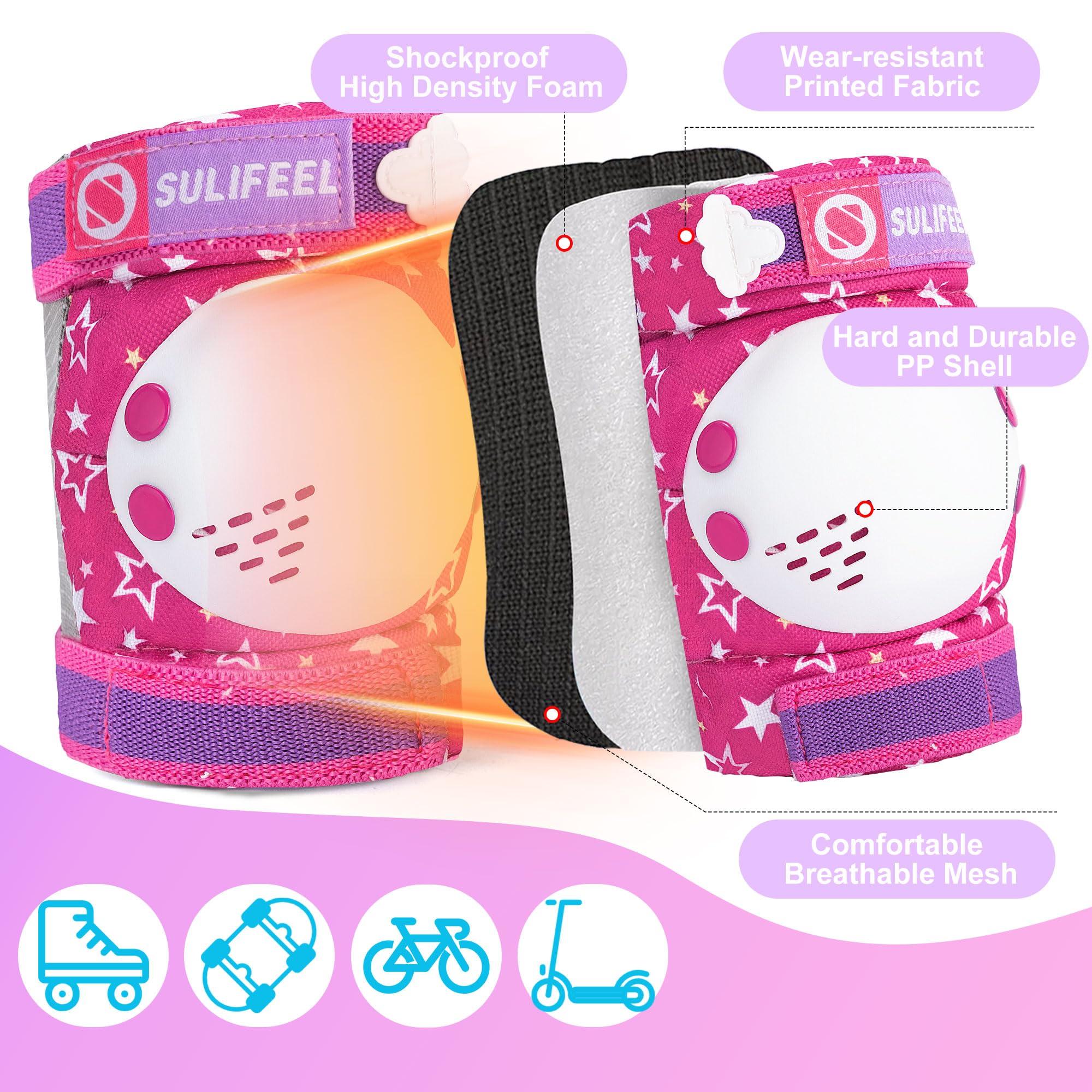 SULIFEEL SULIFEEL Rainbow Unicorn Knee Pads for Kids Knee Elbow Pads Wrist Guards with Drawstring Bag Adjustable Protective Gear Set for Girls Roller Skating Bike Cycling Skateboard Scooter Rose Red Small