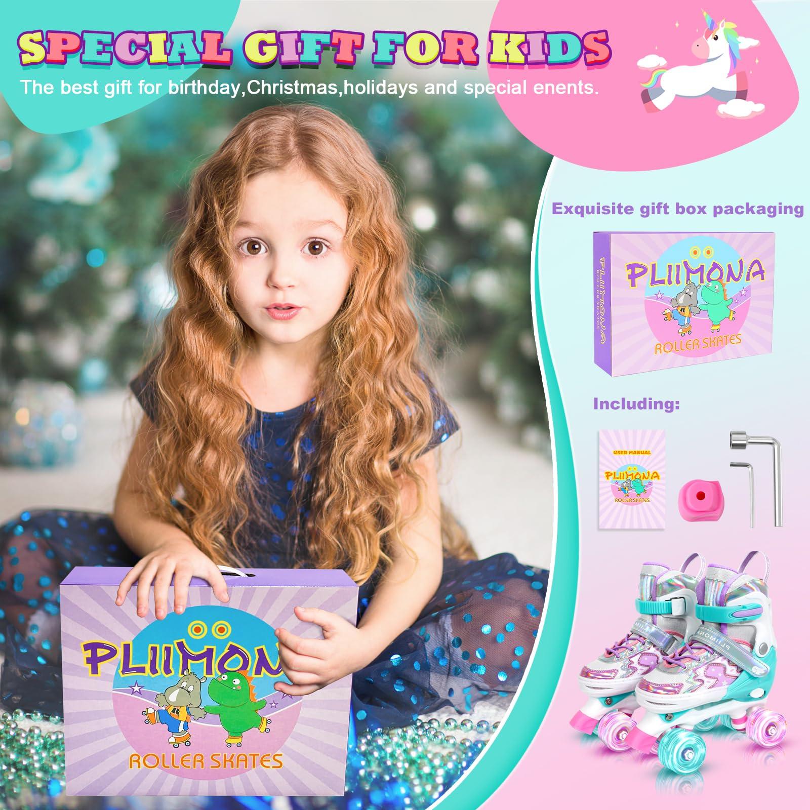 PLIIMONA Kids Roller Skates for Girls Boys Ages 5-8, Toddler Roller Skates for Ages 8-12, 4 Size Adjustable Light Up Wheels Rollerskates for Beginners Outdoor Indoor