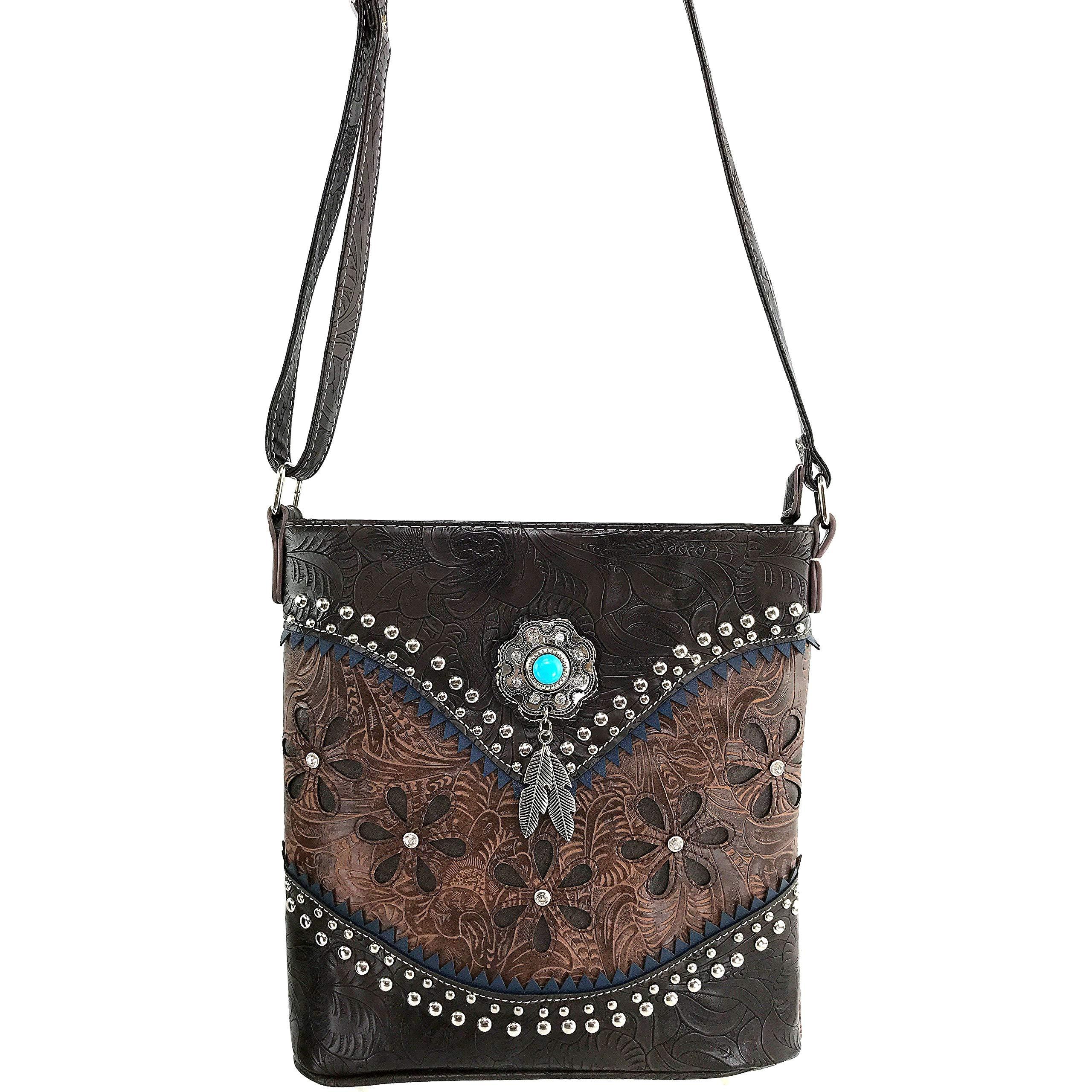 Zelris Zelris Floral Western Pu Tooled Leather Turquoise Concho Feathers Women Concealed Carry Crossbody Messenger Bag (Brown)