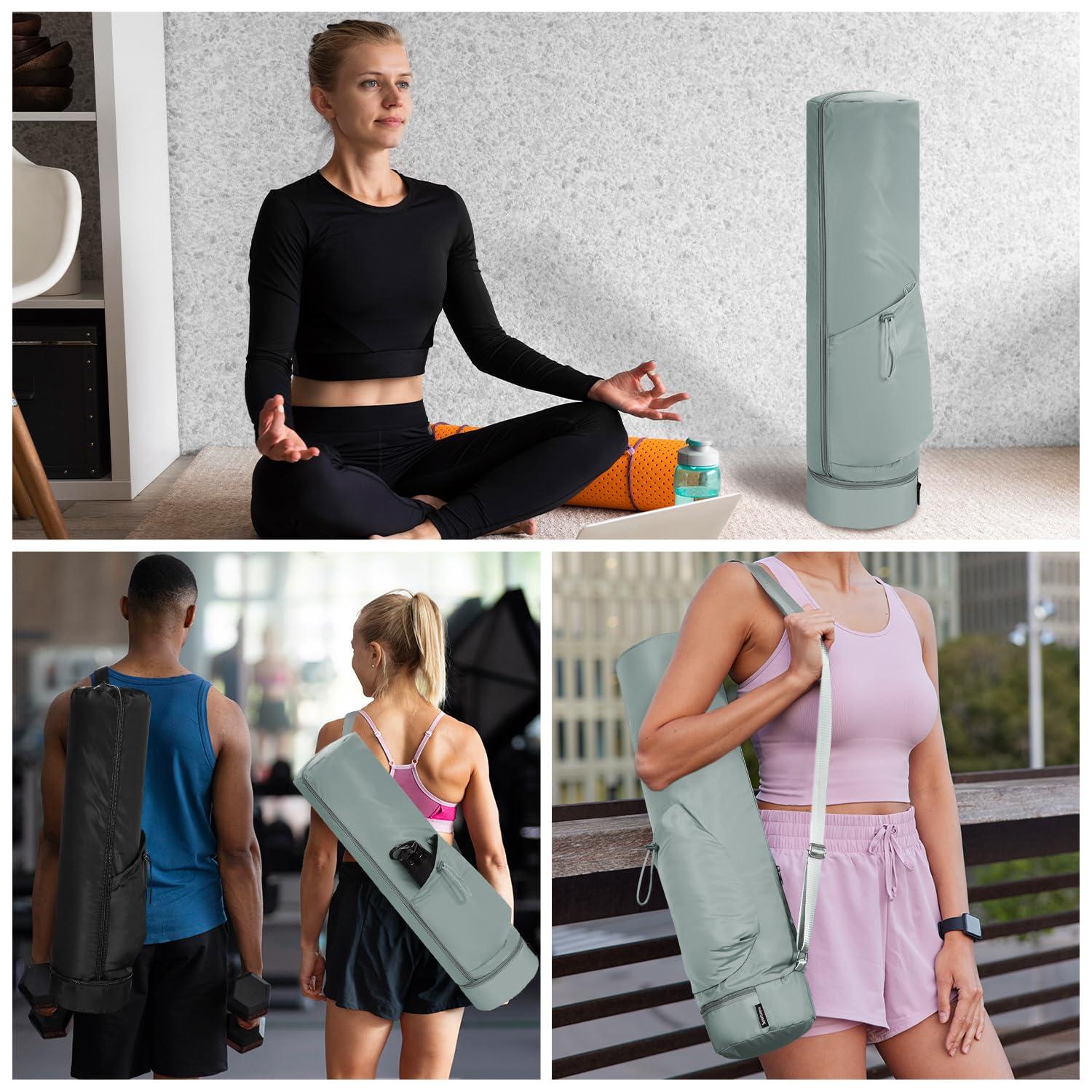 sportsnew sportsnew Yoga Mat Bag Drawstring Pocket-Full Zip Cargo Yoga Mat Carrier Bag with Water Bottle Pocket and Bottom Wet Pocket Exercise Yoga Mat Carrier Multi-Functional Storage Bag, Army Green & Grey