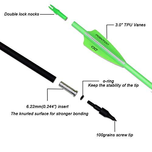 Pointdo Pointdo 30inch Carbon Arrow Fluorescence Color Targeting and Hunting Practice Arrows for Recurve and Compound Bow with Removable Tips (Fluorescein Green)
