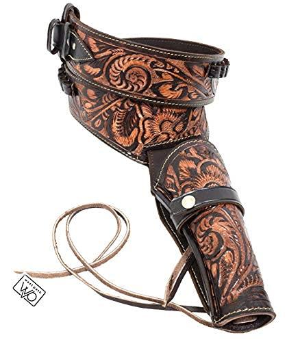 Open Road Goods 38/357 Caliber Western Leather Gun Holster & Belt - Cowboy Style Single Drop Rig Standard Barrel - Authentic Handmade Hand Tooled (Brown, 54)