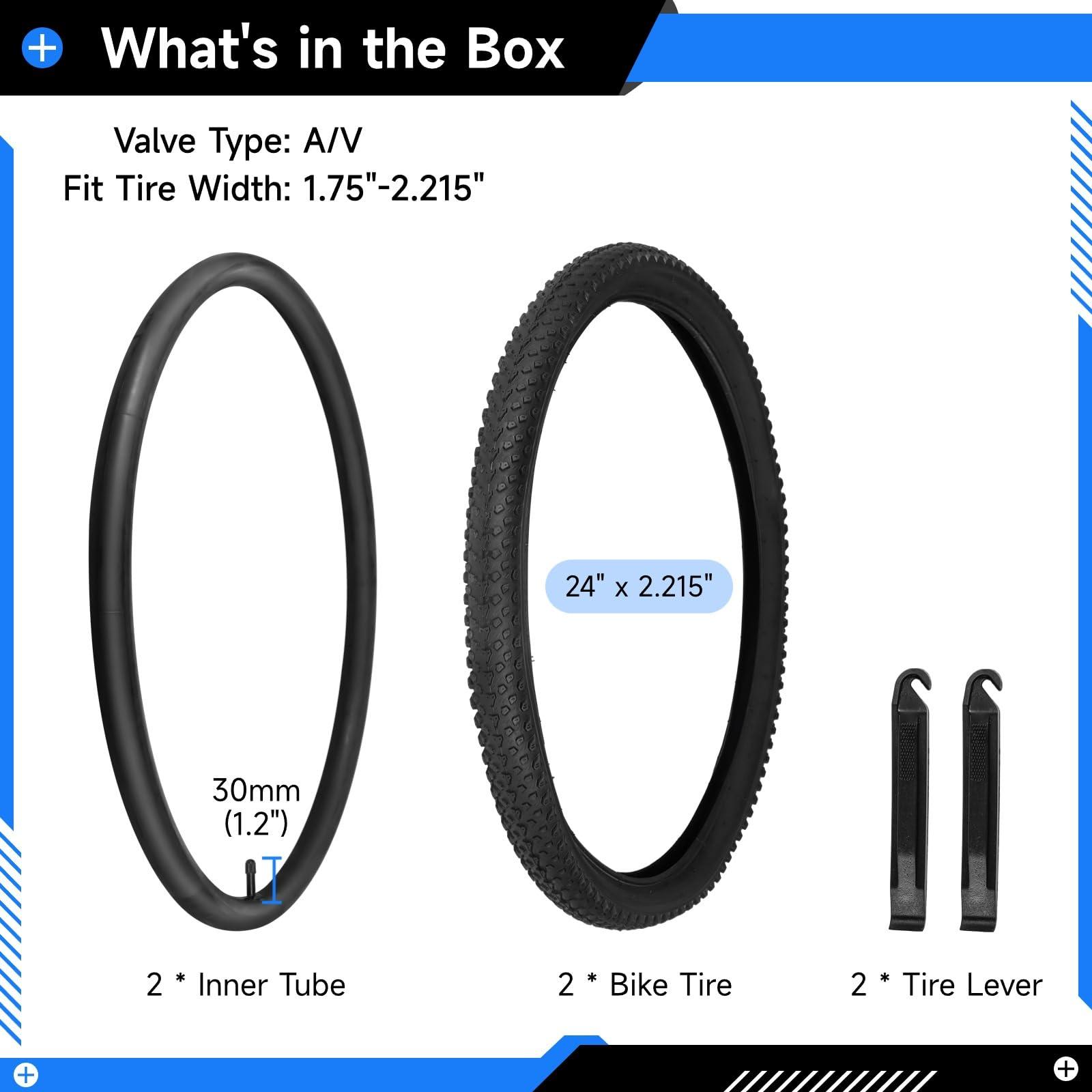 yeesport 24 Inch Mountain Bike Tires, 2PCS 24x2.125 Bike Tires and 2PCS 24 x 2.125 Bicycle Tube with Bike Tire Levers, Replaceable 24 Inch Bike Tire MTB Rubber BMX Tires for City Roads, Muddy Trails