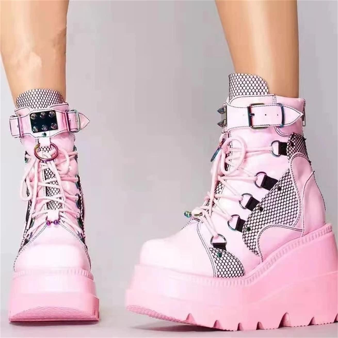 ZBYY ZBYY Women's Combat Ankle Boots Zipper Lace Up Chunky Military Platform Shoes Wedge Heel Studded Goth Mid Calf Combat Booties