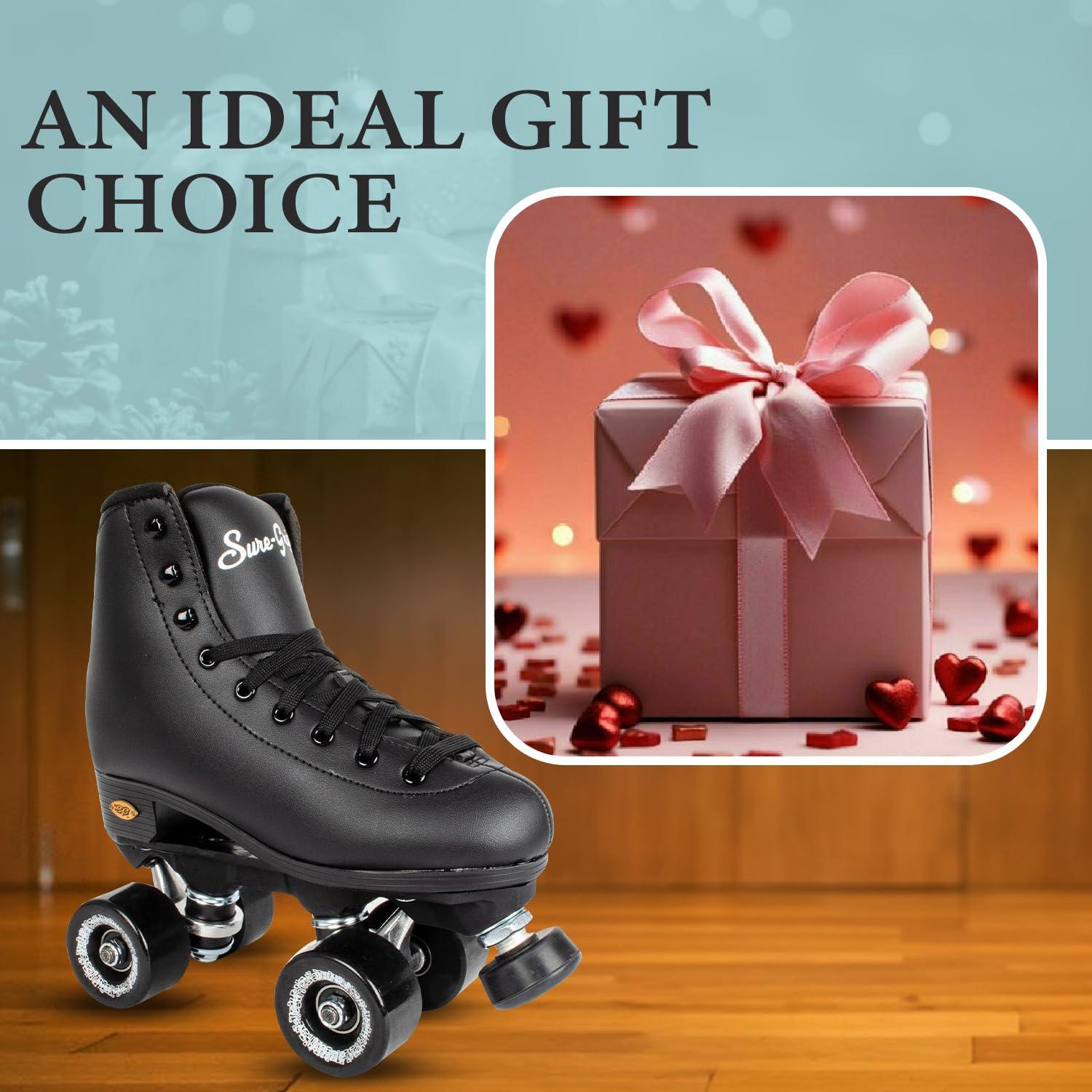 Sure-Grip Sure Grip Fame Men & Women Premium Roller Skates Black Leatherette | Stylish Skates for Indoors - Double Structure, Stronger Grip, Extra Long Laces - Suitable for Beginners