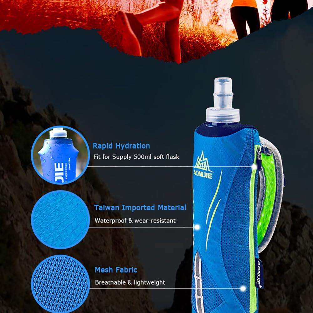 OUNERGY OUNERGY Handheld Water Bottle Bag with 500ml Soft Flask, Wear-Resistant Hydration Pack Suitable for Running Hiking Cycling (Blue-with Bottle)