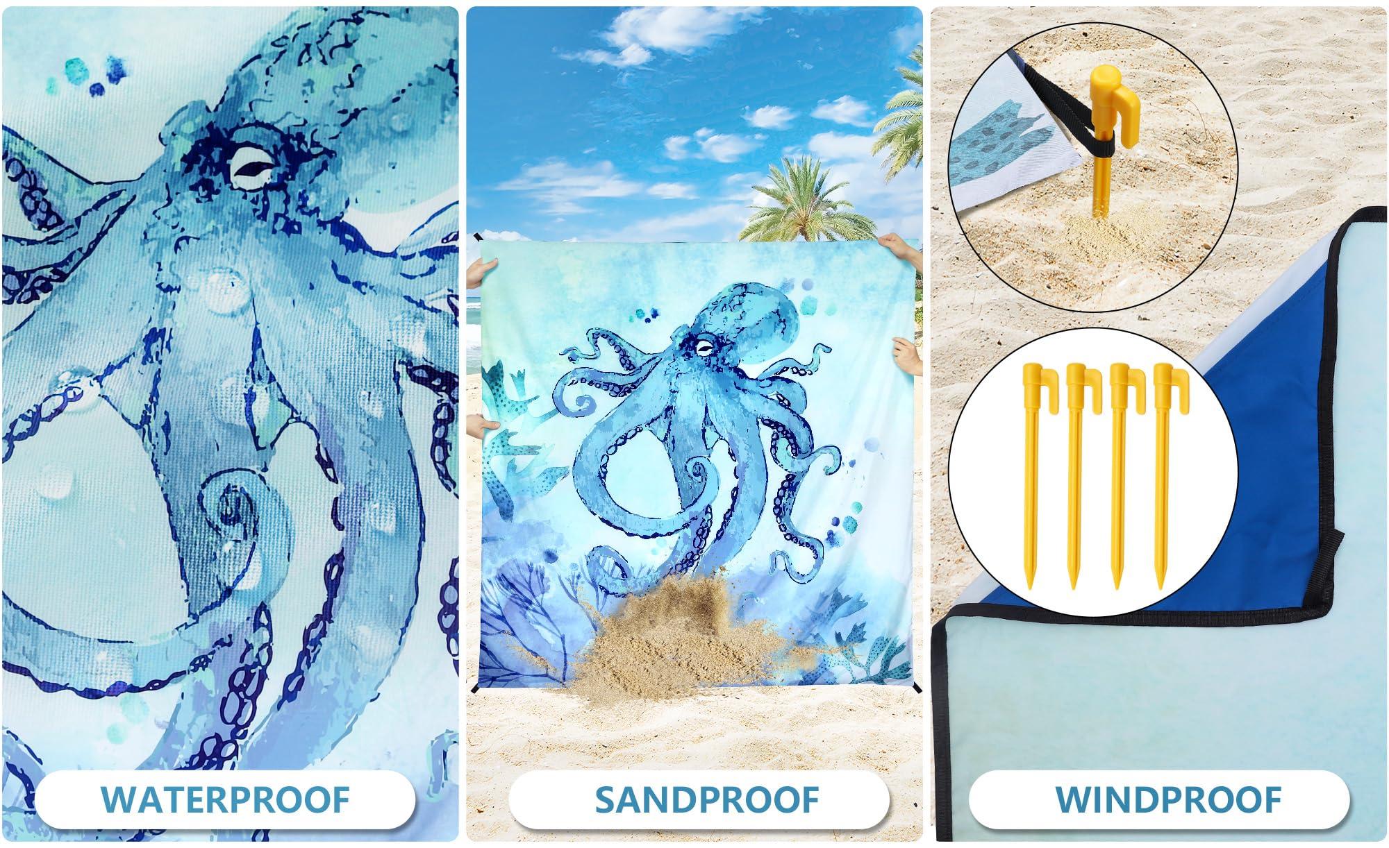 HIHOHO HIHOHO Beach Blanket Waterproof Sandproof Beach Mat for 1-8 Adults Quick Drying Durable Outdoor Picnic Mat for Beach Festival Travel Camping Hiking (BL-Octopus, 79"83"(4 Person))
