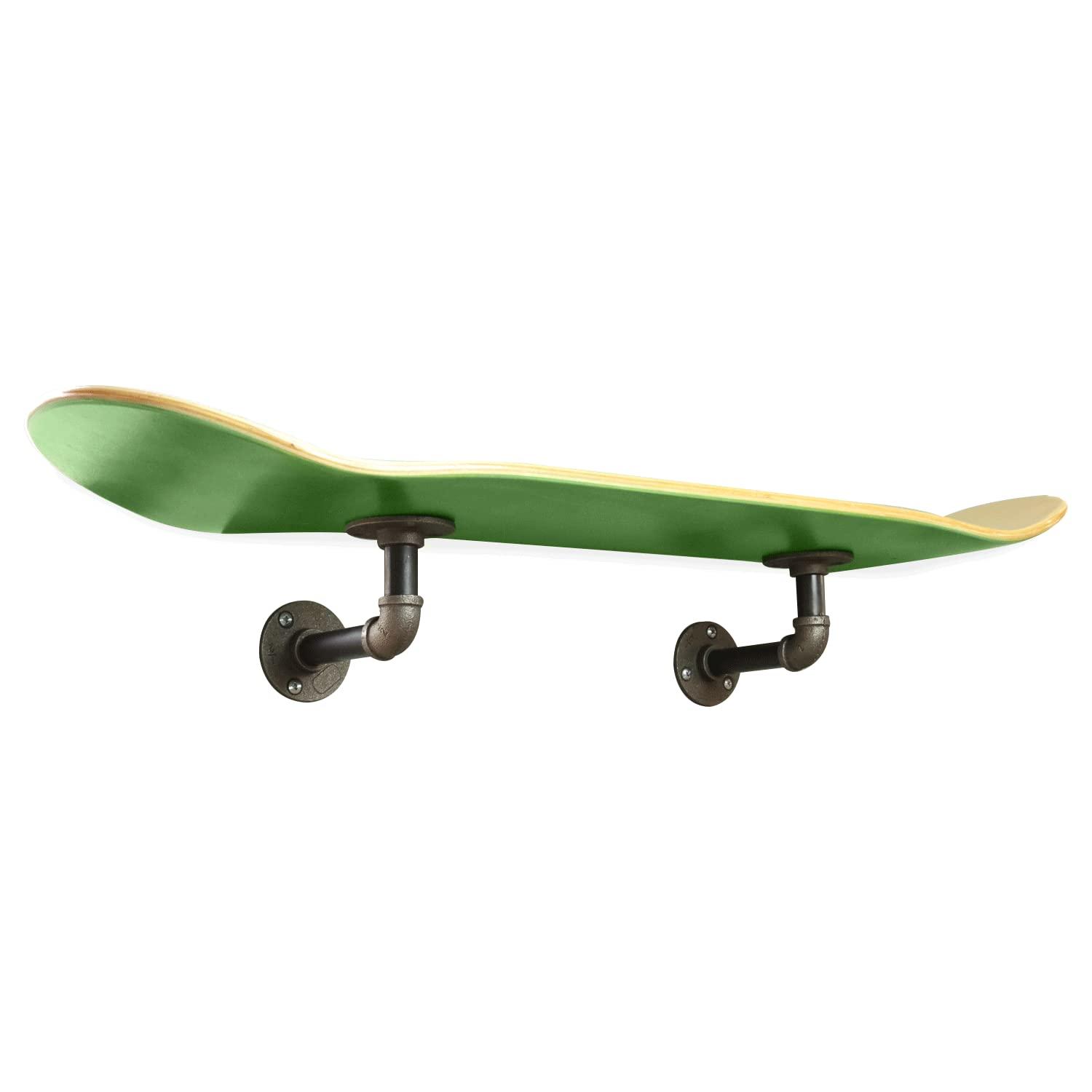 TGM Skateboards Floating Industrial Style Skateboard Deck Shelf with Pipe Mounting System Custom Made Indoor Skate Shelving - Maple Wall Mount - 7.75" Stained Green Bottom
