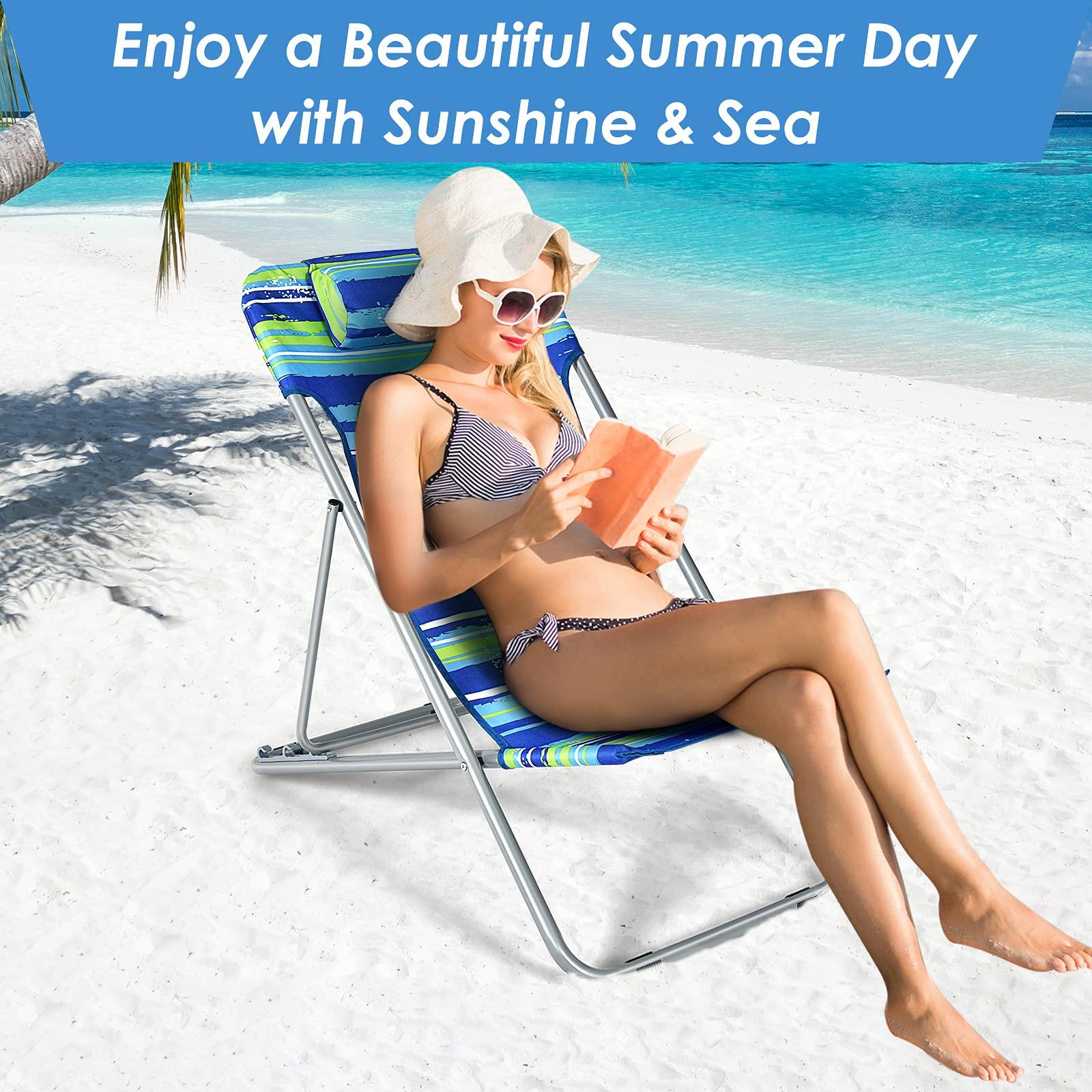 Giantex Giantex Beach Chair for Adults Camping Chair Set, Sunbathing Backpack Folding Recliner with 3 Adjustable Position, Lockable System, Headrest, Non-Slip Foot Pads, Lightweight Sand Chair (2, Blue)