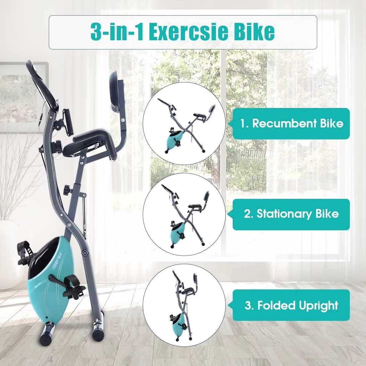 Merax Merax Foldable Fitness Stationary Bike, Upright Indoor Cycling Bike, Magnetic Exercise Bike with 16-Level Adjustable Resistance&Back Support Cushion for Home Gym Workout