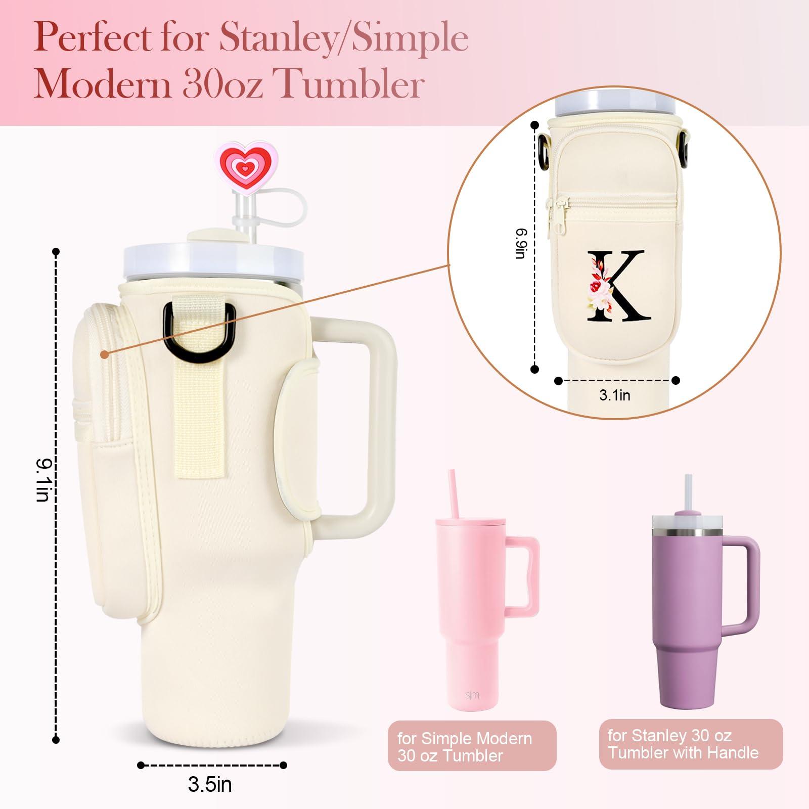 GOEWY GOEWY Water Bottle Carrier Bag for Stanley 30 oz Tumbler with Handle Neoprene Water Bottle Holder Pouch Stanley Cup Accessories Gift Set with 1 Straw Cover & 1 Letter Charm G