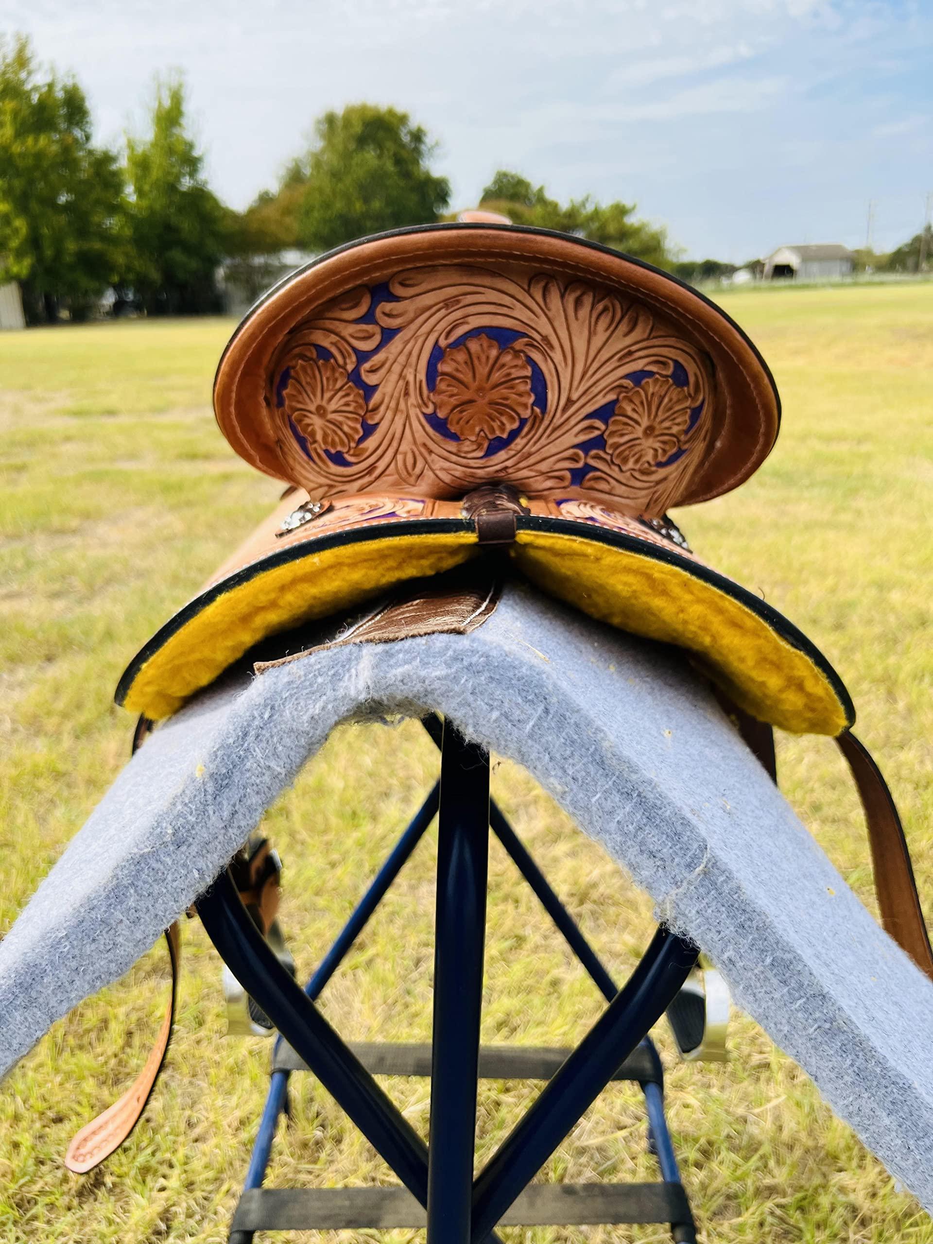 RESISTANCE RESISTANCE Western Kids Horse Barrel Saddle for Horse Riding, Western Youth Child Genuine Leather Saddle Floral Tooled Trail Saddle with Silver Conchos (Purple, 10")