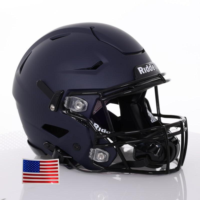 Green Gridiron Green Gridiron - Riddell SpeedFlex Adult w/Black SF-2BD Facemask + Chrome US Helmet Flag Decal (Matte Navy Helmet, Small Helmet)