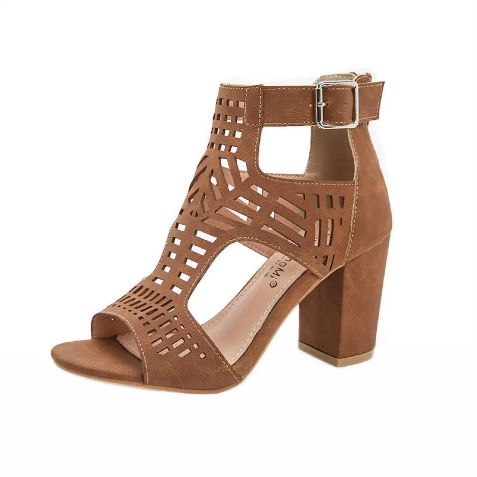 BORAMAX BORAMAX Chunky Heeled Sandals for Women Cutout Strappy Peep Toe Block Heels Buckle up Party Dressy Sandal Women Booties