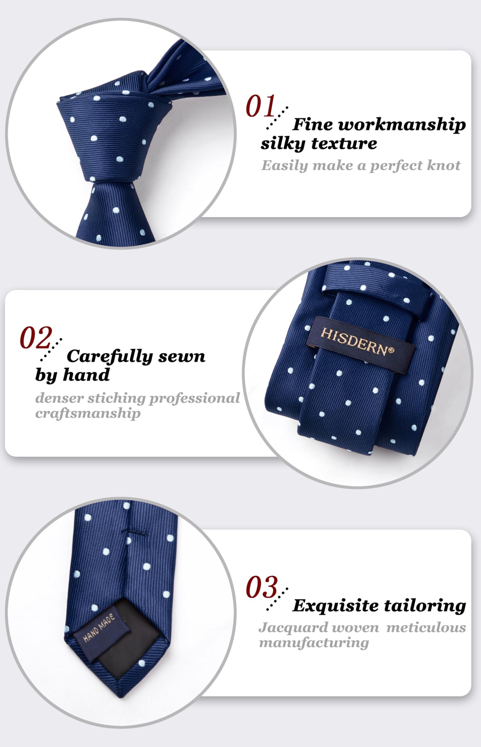 HISDERN HISDERN Navy Blue Ties for Men Formal Business Woven Silk Tie and Pocket Square Classic Polka Dot Ties for Men Wedding Party Neckties Handkerchief Set
