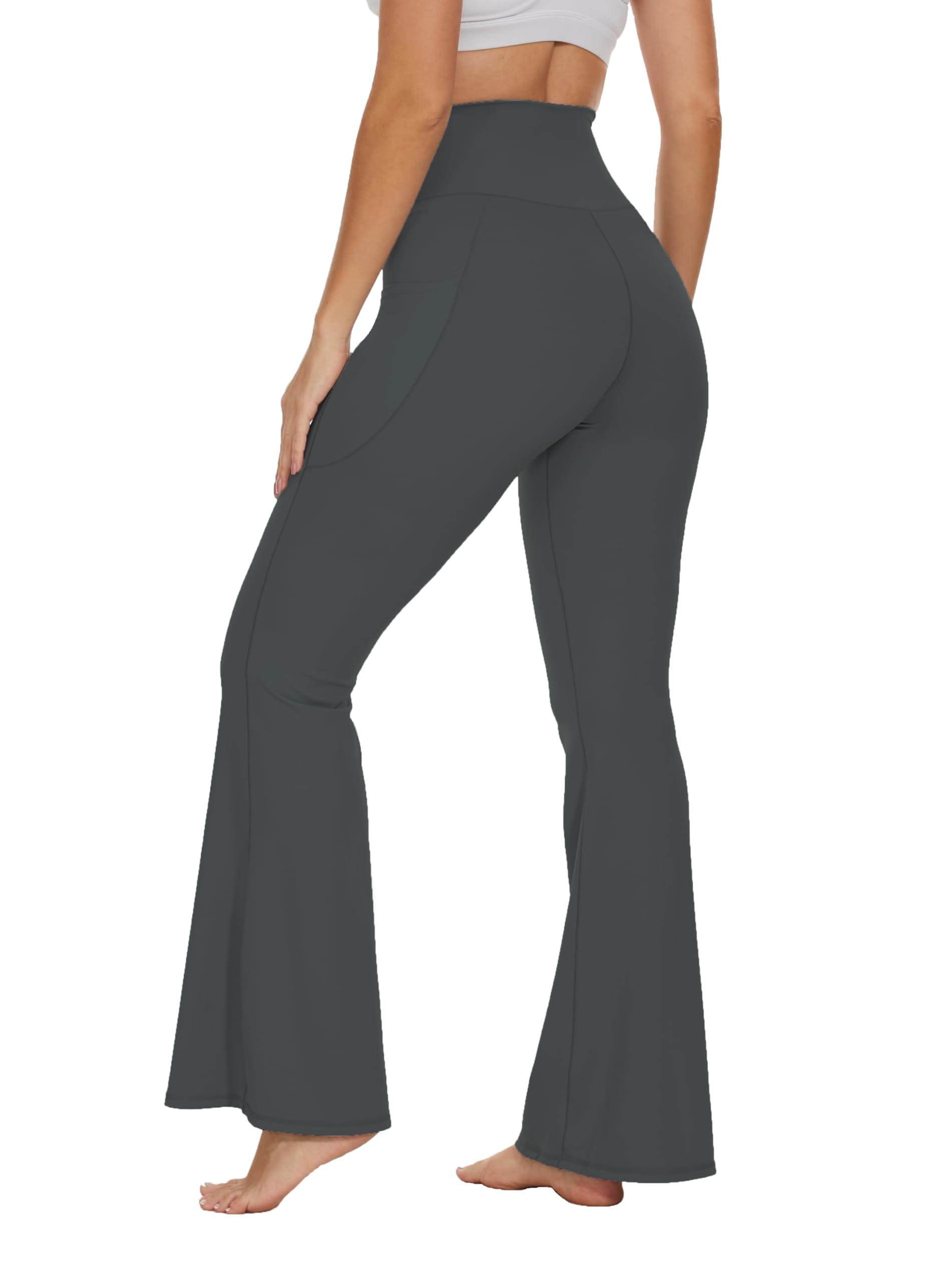 SOOWOT Flare Crossover Leggings with Pockets for Women 32" High Waisted V Cross Wide Leg Yoga Pants Tummy Control Bootcut Workout Gym Dark Grey S