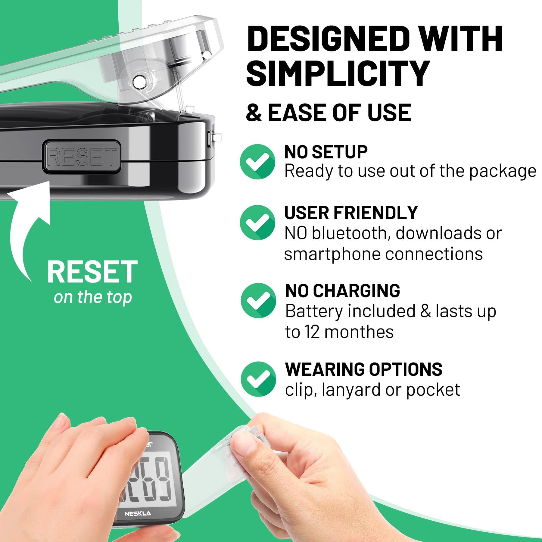 NESKLA NESKLA 3D Pedometer for Walking, Simple Step Counter with Large Digital Display, Step Tracker with Removable Clip Lanyard, Accurately Track Steps for Men Women Kids Adults Seniors