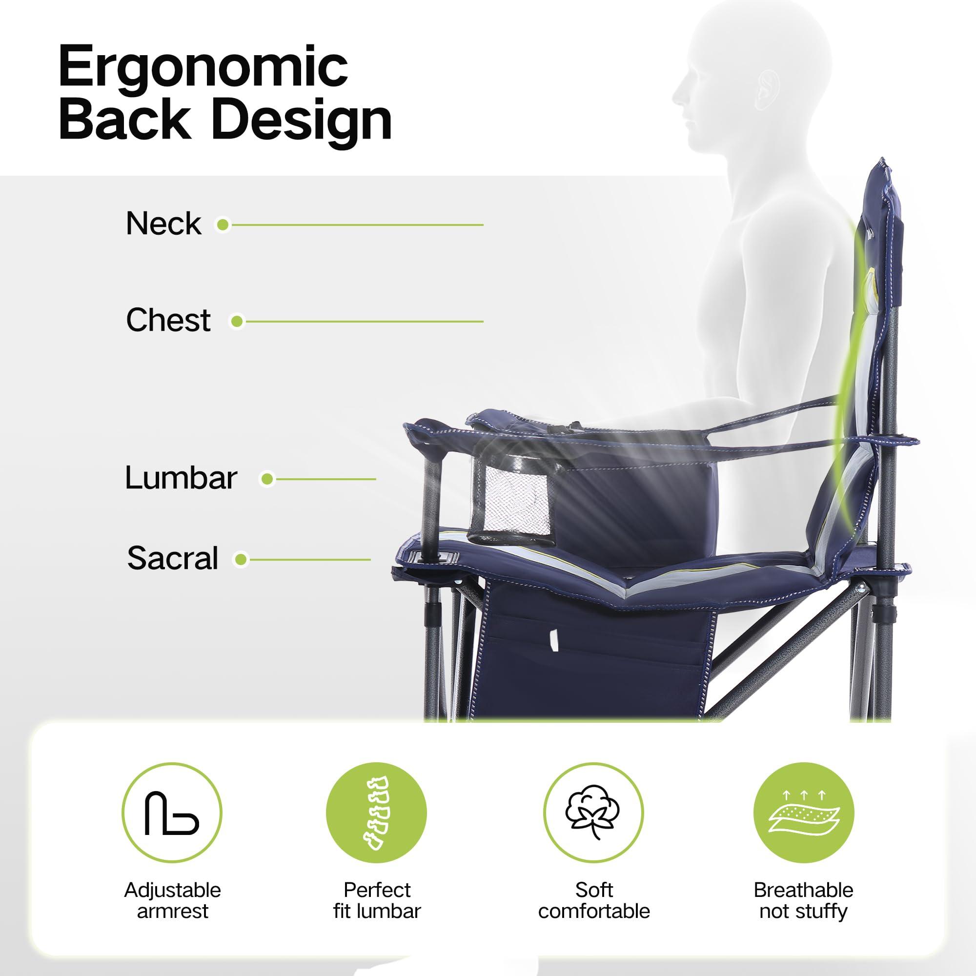 GREEN PARTY GREEN PARTY Folding Camping Chair Oversized Heavy Duty Lawn Chair with Cooler Bag, Cup Holder, Storage Pocket, Collapsible Padded Outdoor Arm Chair, Quad Lumbar Back Chair Supports 450LBS