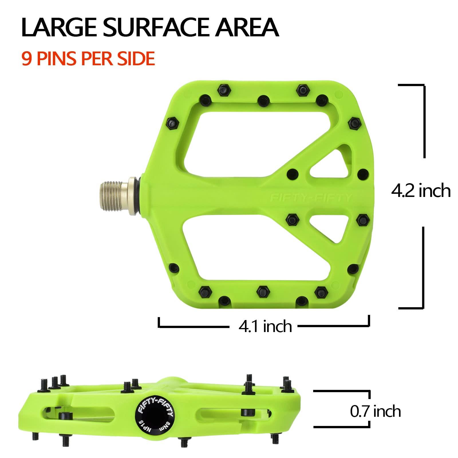 FIFTY-FIFTY FIFTY-FIFTY Mountain Bike Pedals, Non-Slip MTB Nylon Composite, 9/16" Bicycle Pedals, Lightweight and Wide Flat Platform (Green)