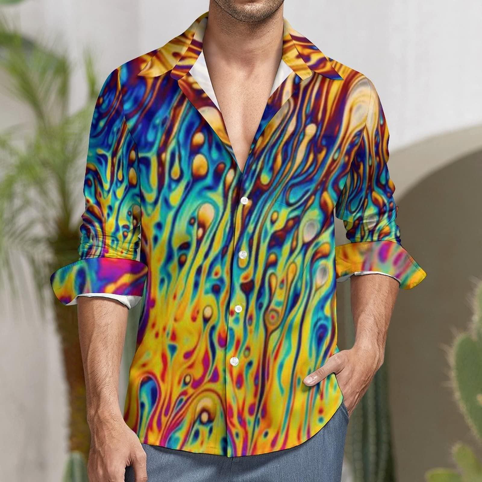 FORSJHSA Psychedelic Trippy Men's Casual Long Sleeve Button Down Shirts Regular-Fit with Pocket