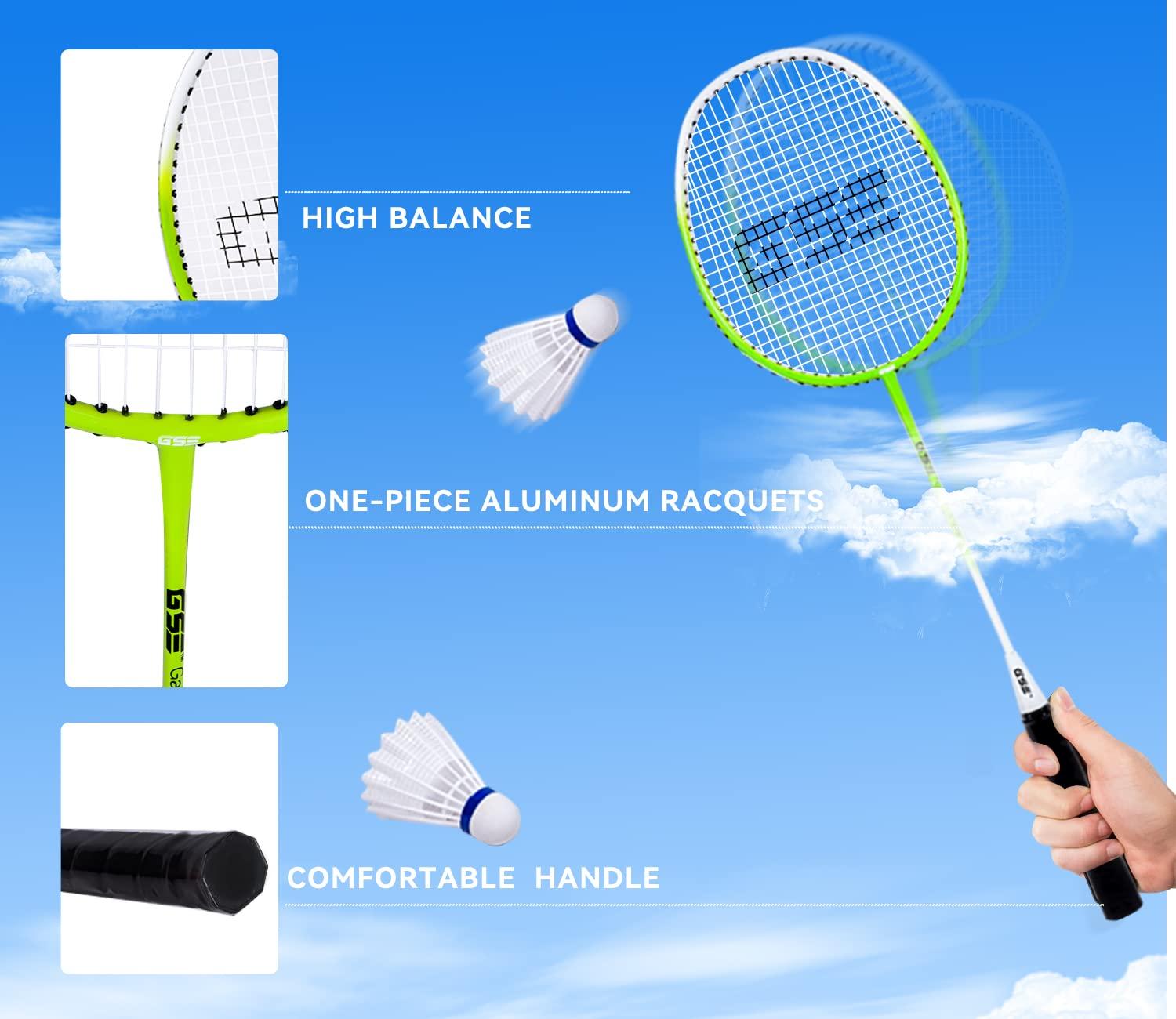 GSE Games & Sports Expert GSE Badminton Sets with Net, Portable Complete Badminton Sets for backyards with net with 4 Rackets,Portable Badminton Net,3 Birdies