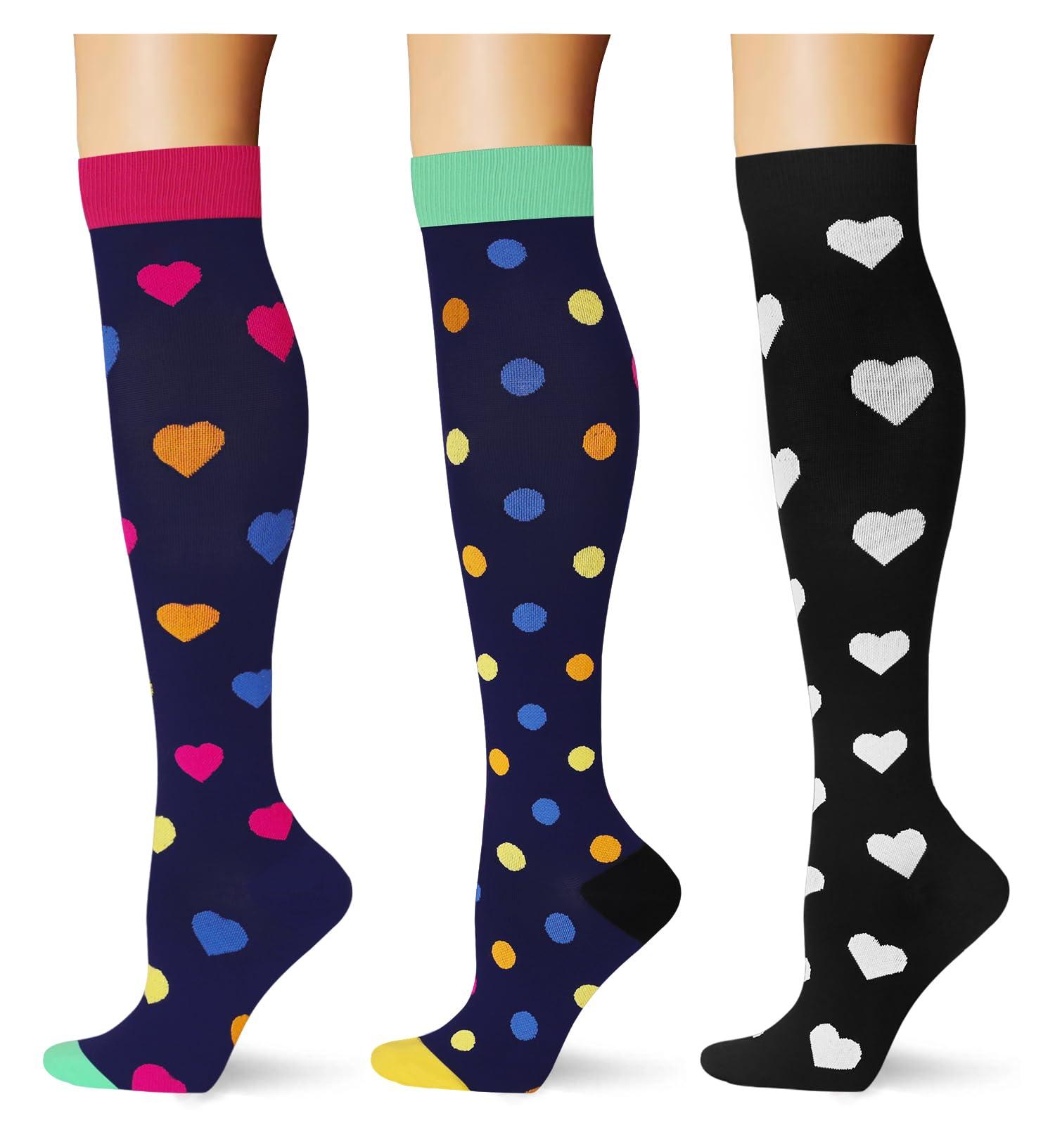 Saniripple (3 pairs)Compression Socks 20-30 mmHg Long Socks for Women and Knee High Socks for Women Black Colorful L/XL