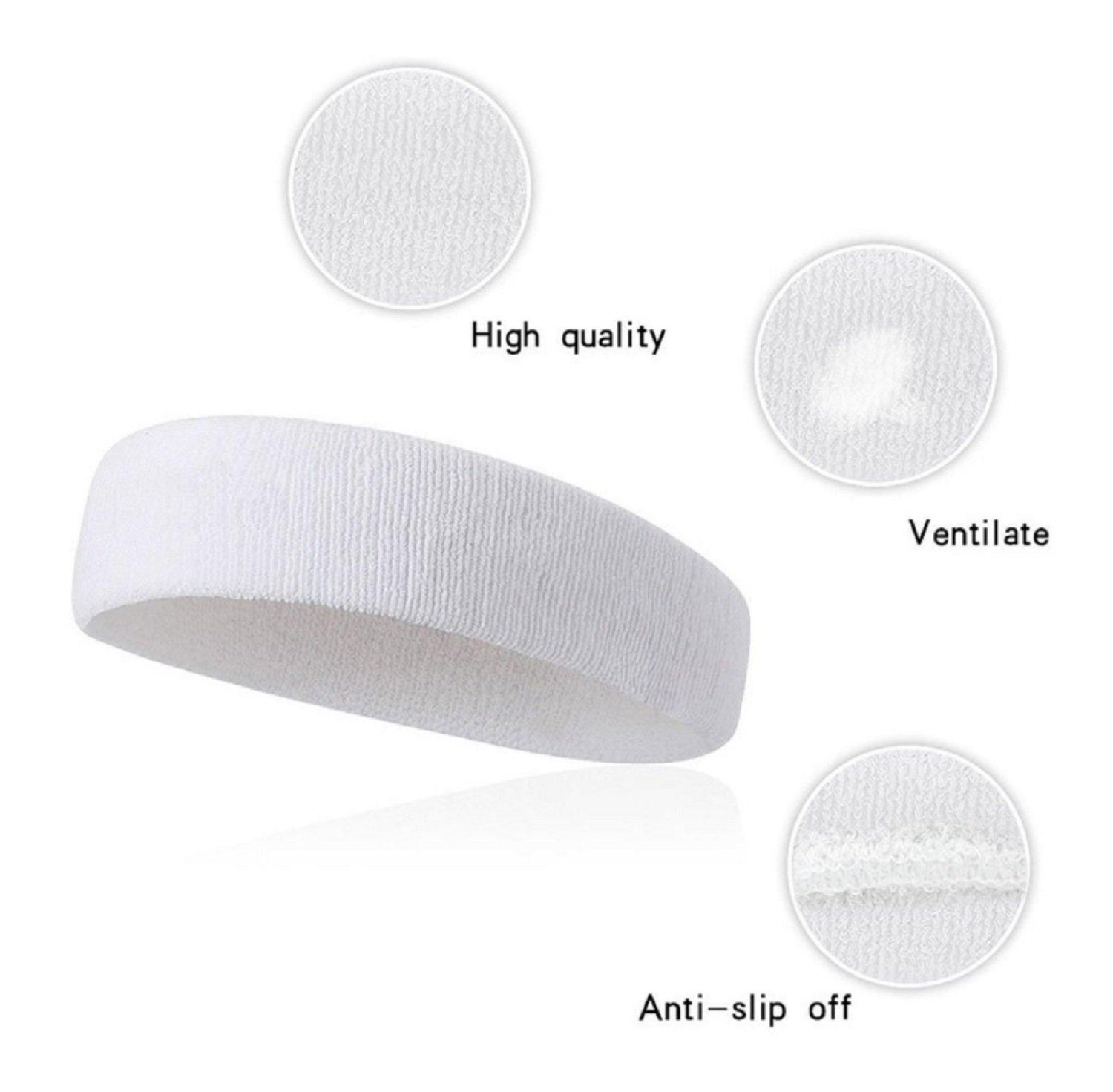 Kenz Laurenz Kenz Laurenz Sweat Bands/Headbands for Women Men/Elastic, Sports, Athletic Stretchy Bands, Workout Running Basketball Tennis, Moisture Wicking Terry Cloth Set Keep Sweat Hair Out (White)