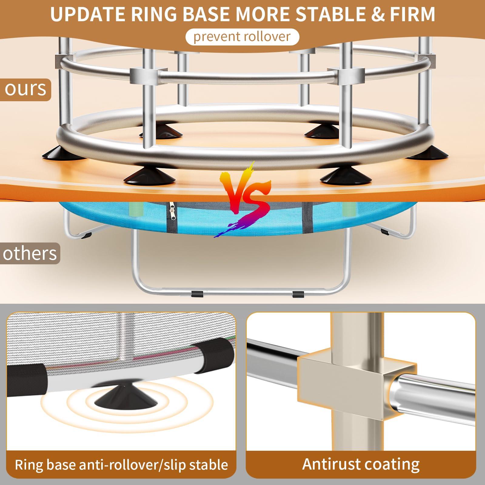 BLINWORLD Trampoline for Kids, Update T-handrail Adjustable Baby Toddler Trampoline with Basketball Hoop, 440lbs Anti-Rollover Round Bottom Indoor Outdoor Toddler Trampoline with Enclosure (Light Green Pink)