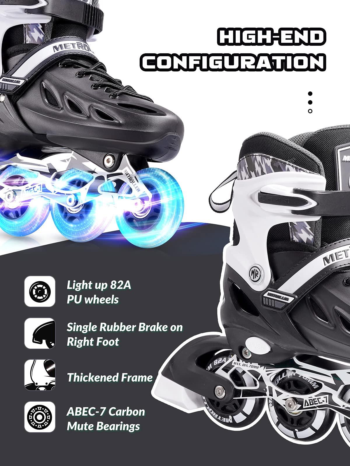 METROLLER METROLLER Inline Skates for Girls and Boys, Women, Men 4 Sizes Adjustable Inline Skates with Light Up Wheels, Illuminating Beginner Skates for Kids & Adult Youth.