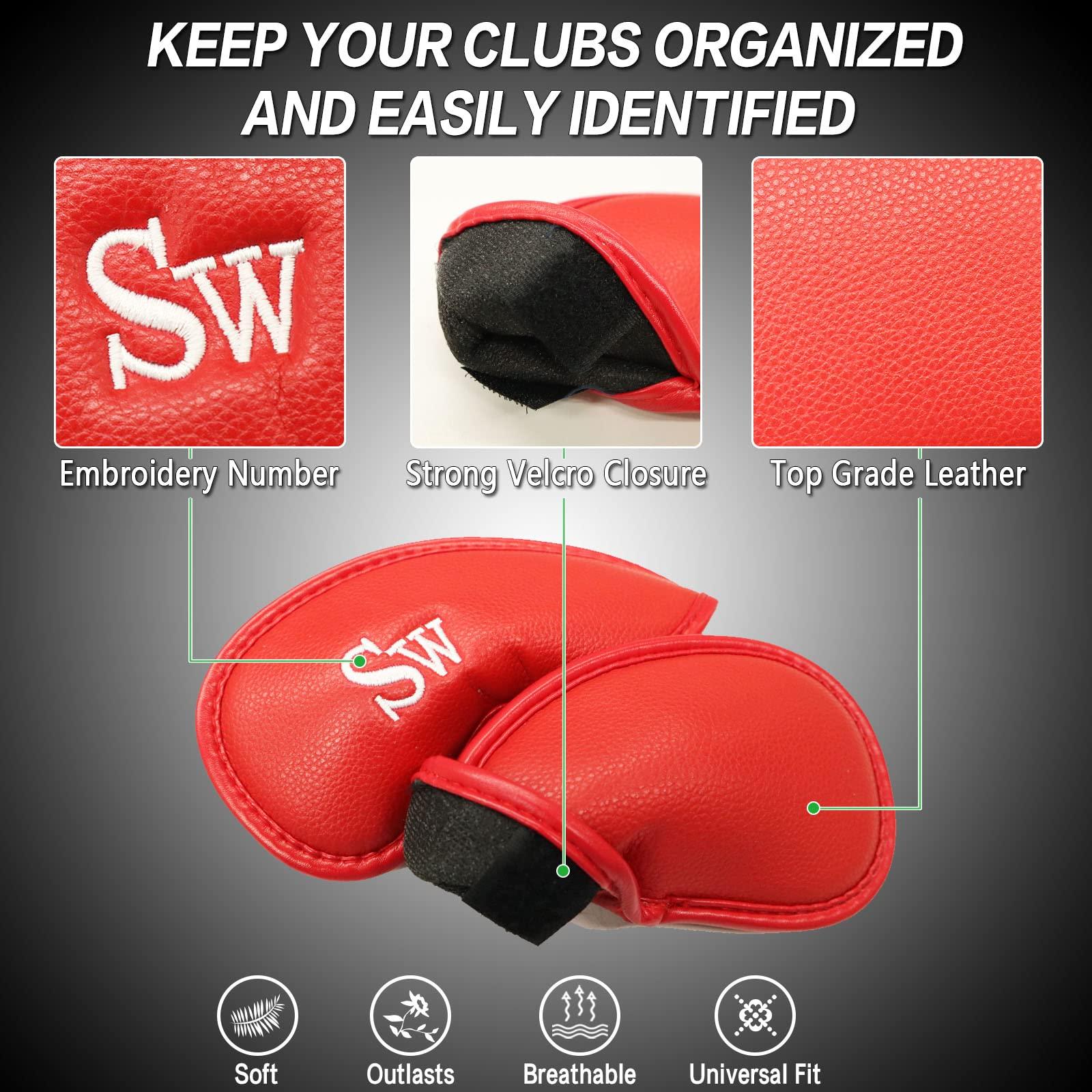 FINGER TEN FINGER TEN Golf Iron Head Covers Value 8/11/12 Piece Set, Synthetic Leather Deluxe Club Headcover, Universal Fit Main Iron Clubs Gift Set (1 Side-Red)