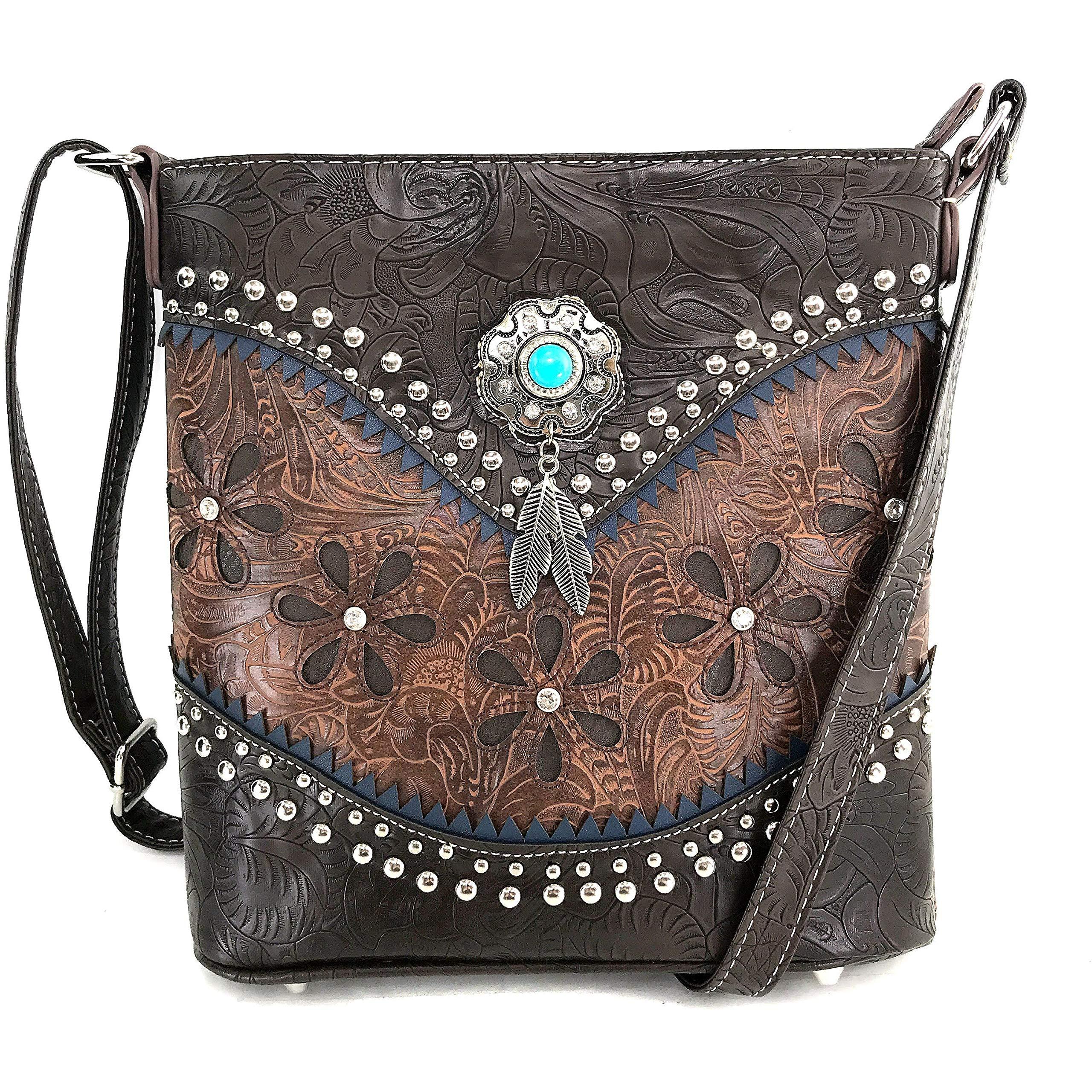 Zelris Zelris Floral Western Pu Tooled Leather Turquoise Concho Feathers Women Concealed Carry Crossbody Messenger Bag (Brown)