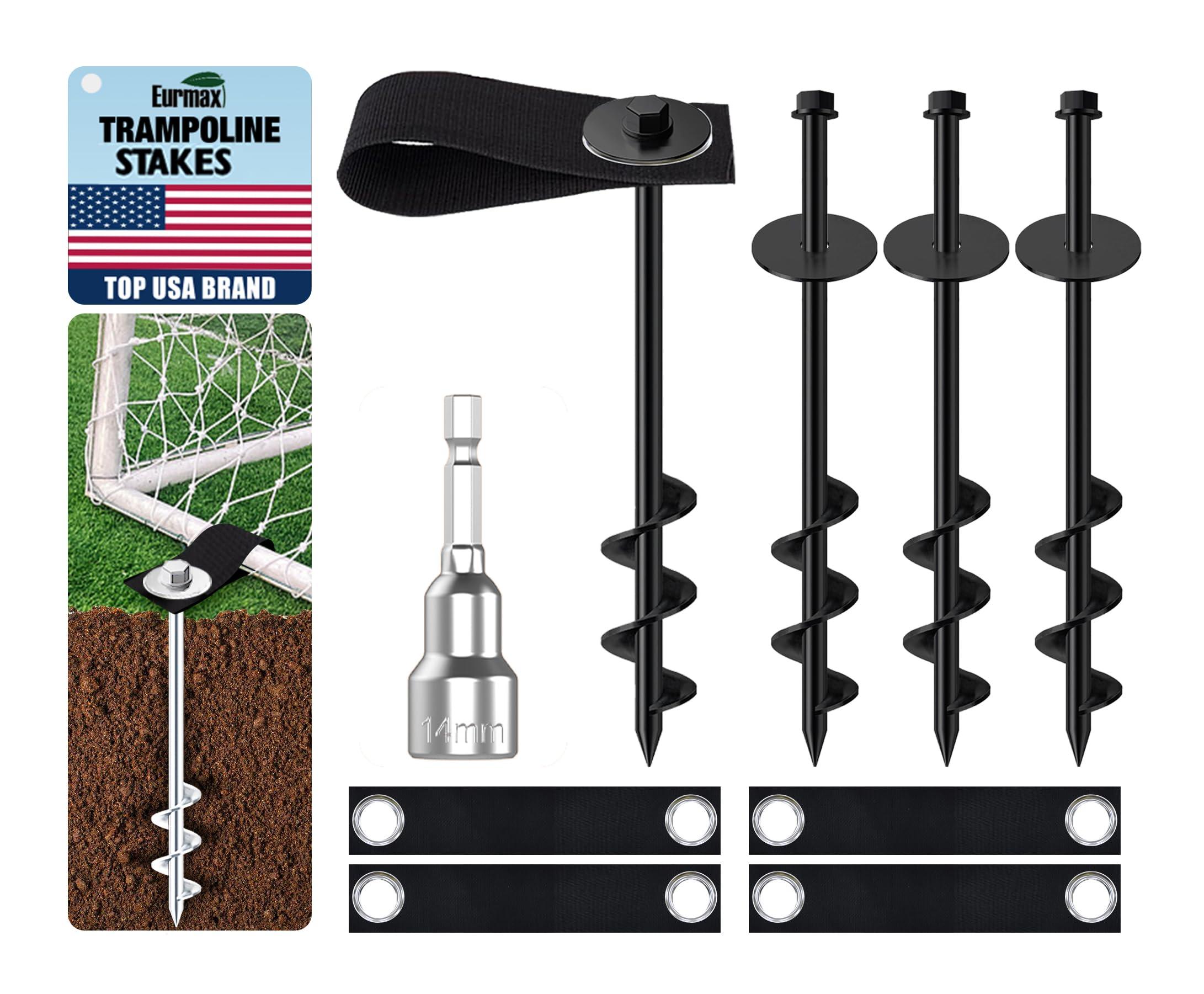 Eurmax Eurmax USA Ground Anchors Screw in Trampoline Anchors High Wind Tent Stakes Heavy Duty Ground Stakes Trampoline Stakes Anchor Kit Set of 4 Bonus 4 Strong Belt (Black)