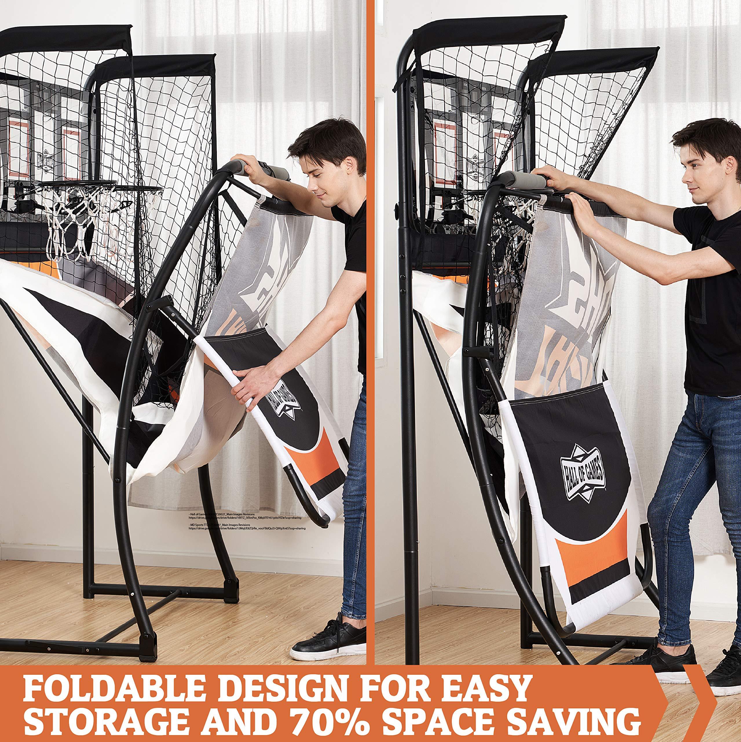 Hall of Games Hall of Games EZ Fold Premium Indoor Arcade Basketball Game with Steel Frame and Polycarbonate Backboard, Dual Shot Electronic Scoring with 6 Size 3 Balls Included, Perfect for Basement Game Rooms