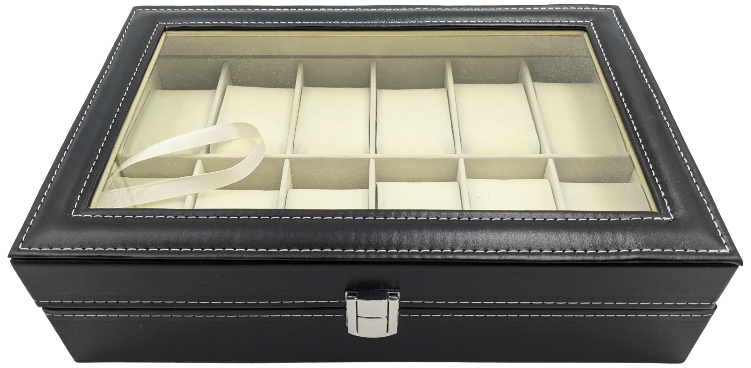 Science Purchase SciencePurchase Watch Box Large 12 Mens Black Leather Display Glass Top Jewelry Case Organizer