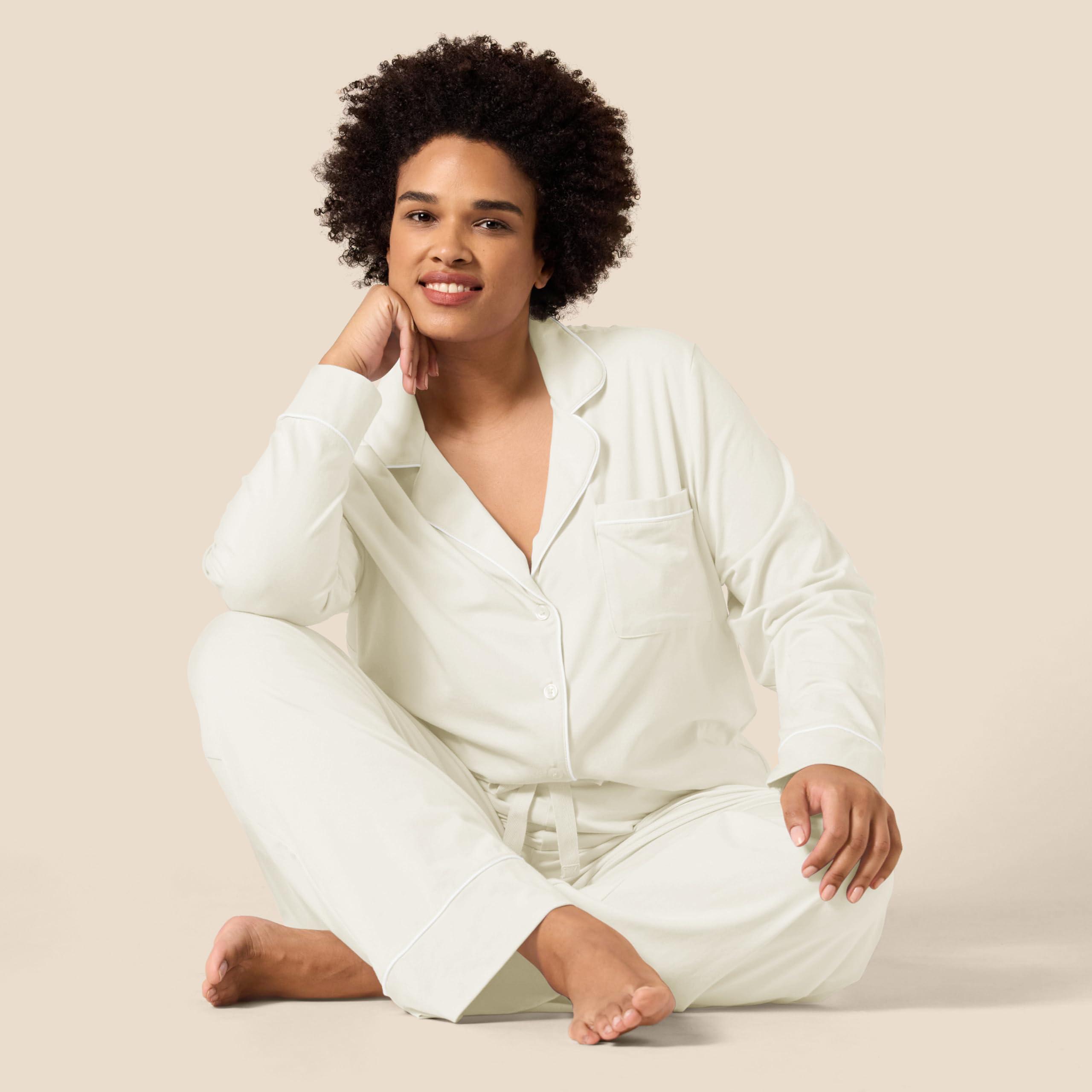 Amazon Essentials Amazon Essentials Women's Cotton Modal Long-Sleeve Shirt and Full-Length Bottom Pajama Set, Beige, X-Small