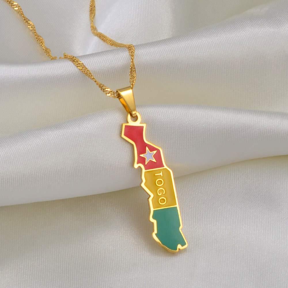 Dan CECE KELE Dan CECE KELE Map Pendant Necklace - Togolaise Map Necklace for Men and Women, Togolese Map Necklace with Flag Jewelry Fashion Clavicle Chain Neckwear, Ethnic Symbol Pendant Neckwear,Gold,45Cm Chain