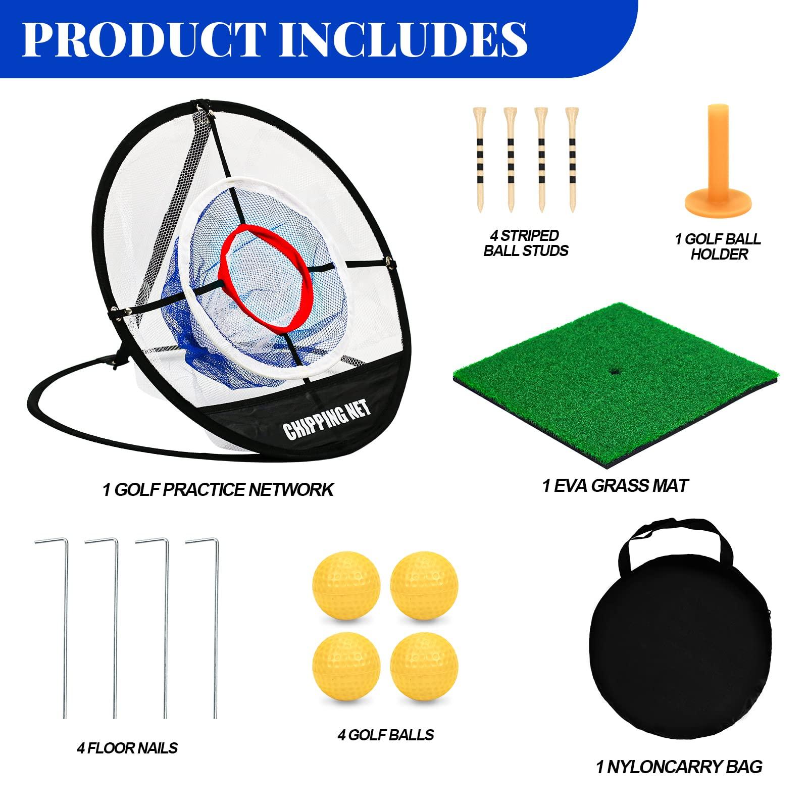 REYSHIN Golf Practice Chipping Net with Golf Hitting Mat, Pop Up Golf Nets Portable Chipping Net Golf Target Wooden Tees Rubber Tee Holder Golf Balls Fixed Parts for Swing Training(Golf Net+Mat)