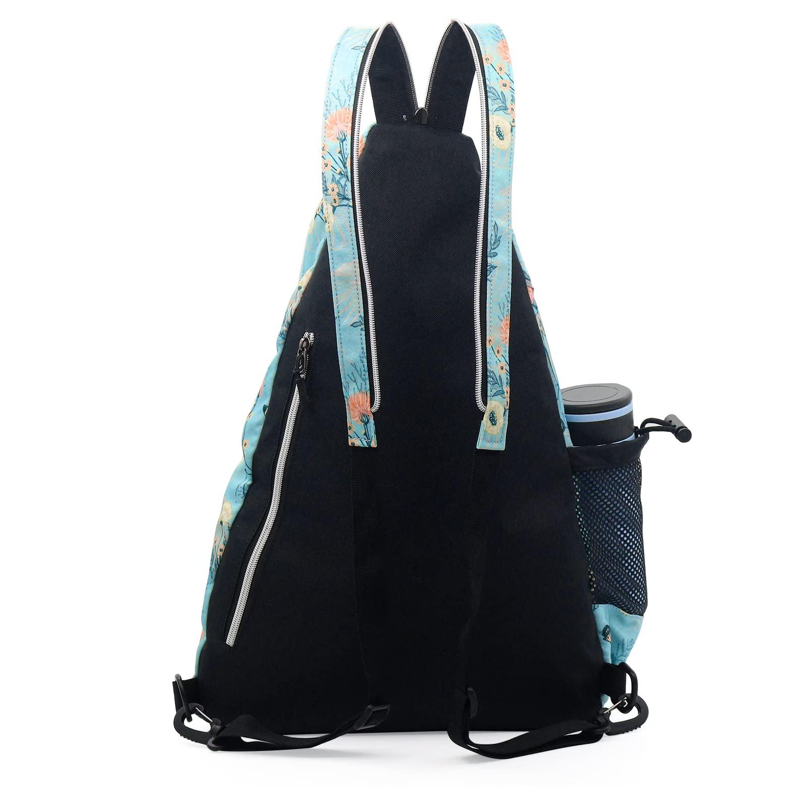 ZOEA ZOEA Pickleball Bag, Sport Pickleball Sling Bag for Women Man, Adjustable Pickleball Backpack with Fence Hook Water Bottle Holder, Fits 4 Paddles and All Your Other Gear (Flower Blue)