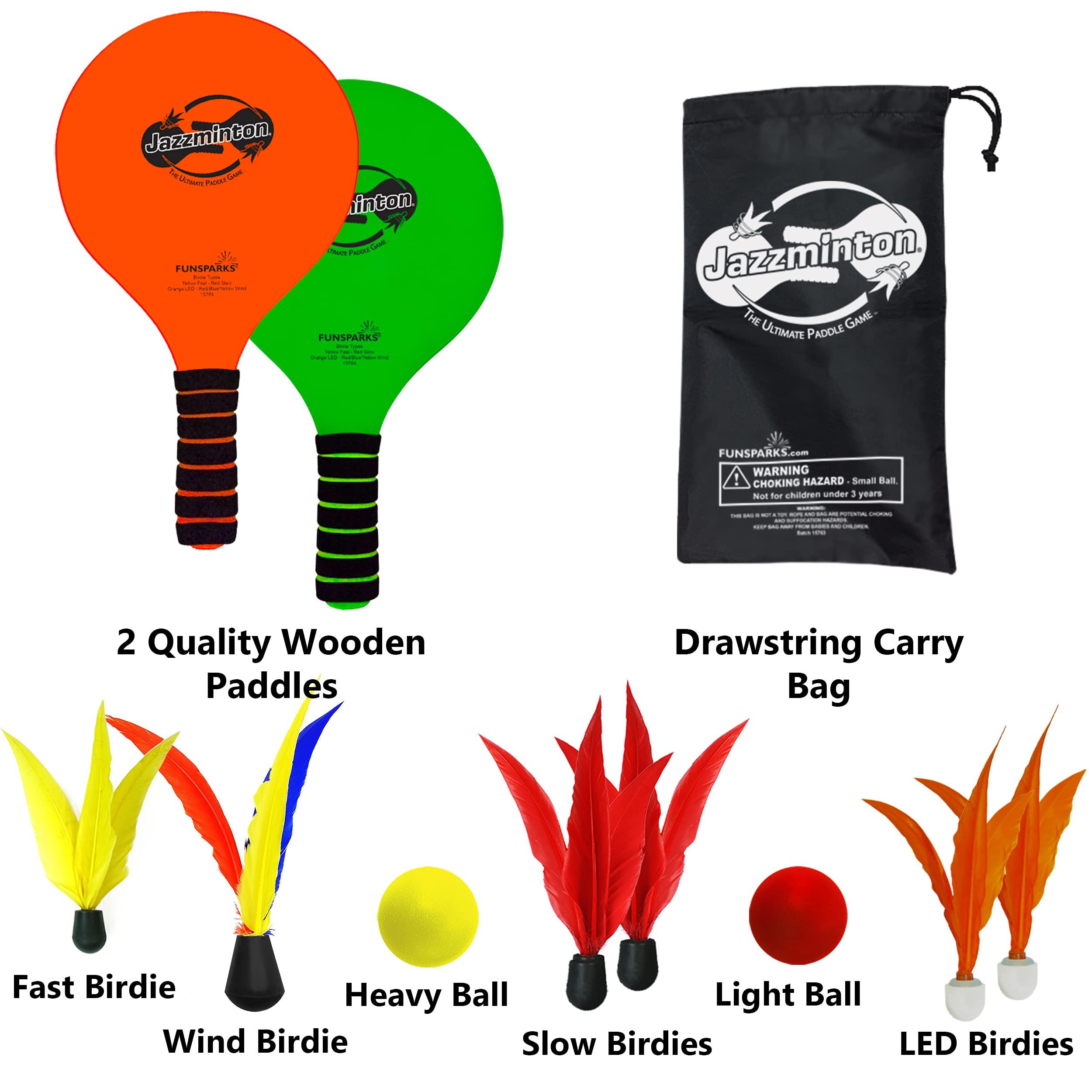 Funsparks Paddle Ball Game Jazzminton Deluxe with LED Birdie - Indoor/Outdoor Game for Kids, Teens and Adults