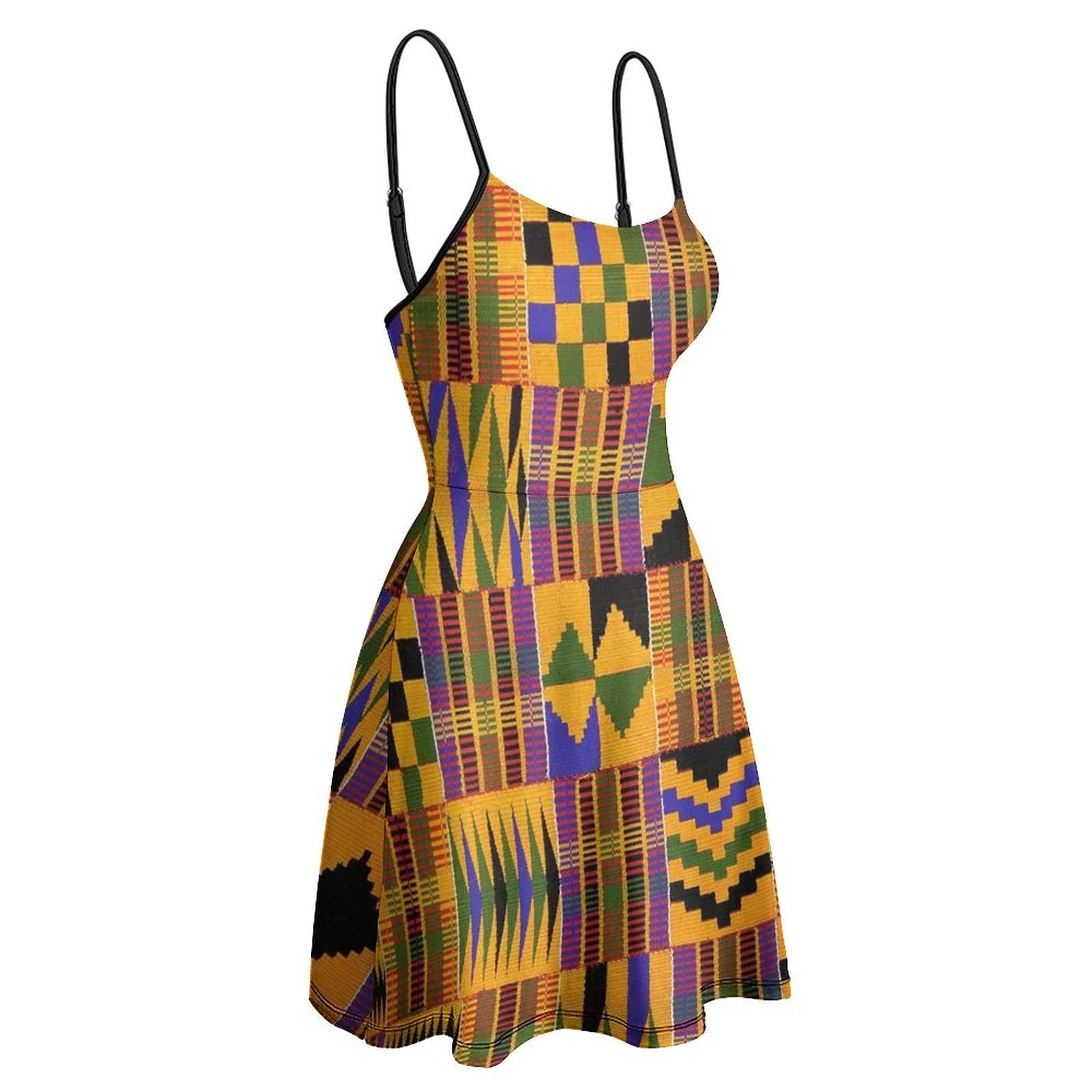 BAIKUTOUAN BAIKUTOUAN African Art_ Kente Cloth Women\'s Sleeveless Sundress Skirt Summer Beach Sling Dress