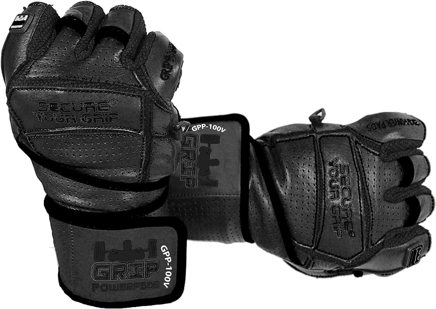 Grip Power Pads Elite Leather Gym Gloves with Built in 2" Wide Wrist Wraps Best Leather Glove Design for Weight Power Lifting Bodybuilding & Strength Training Workout Exercises (Black, Large)