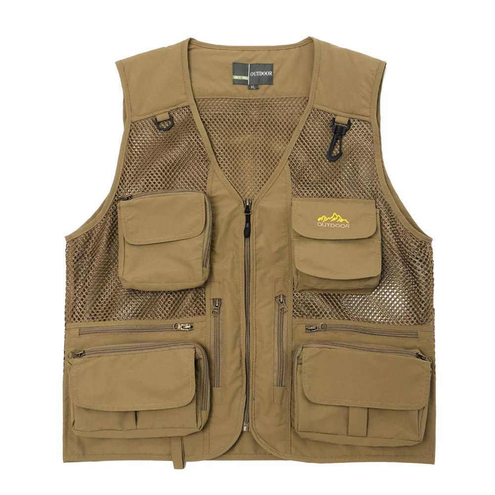 Ziker Ziker Men's Mesh Breathable Openwork Camouflage Journalist Photographer Fishing Vest Waistcoat Jacket Coat (as1, alpha, l, regular, regular, Khaki02)