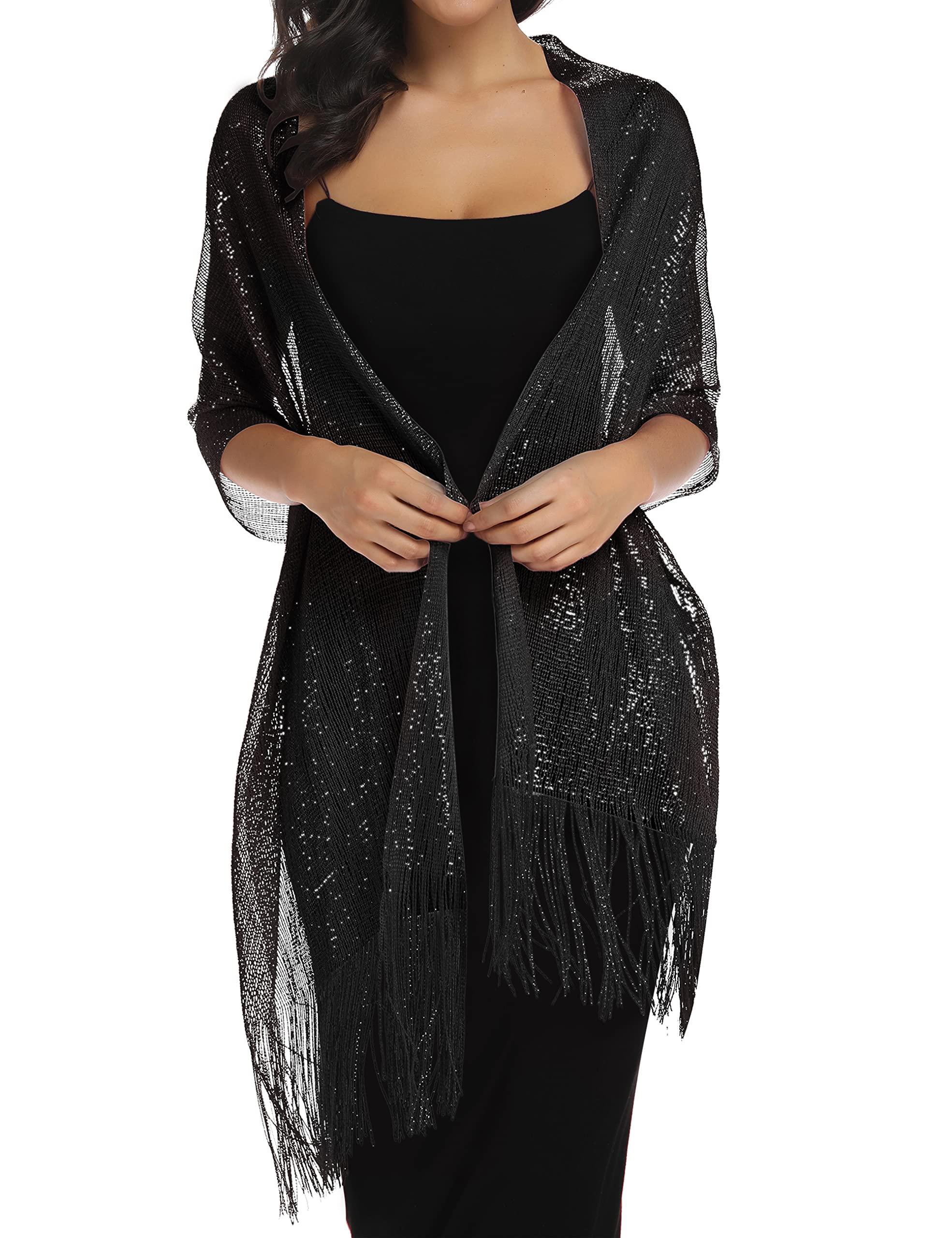 Rheane Rheane Shawls and Wraps for Evening Dresses and Weddings - Formal Black Shawls with Black Glitter