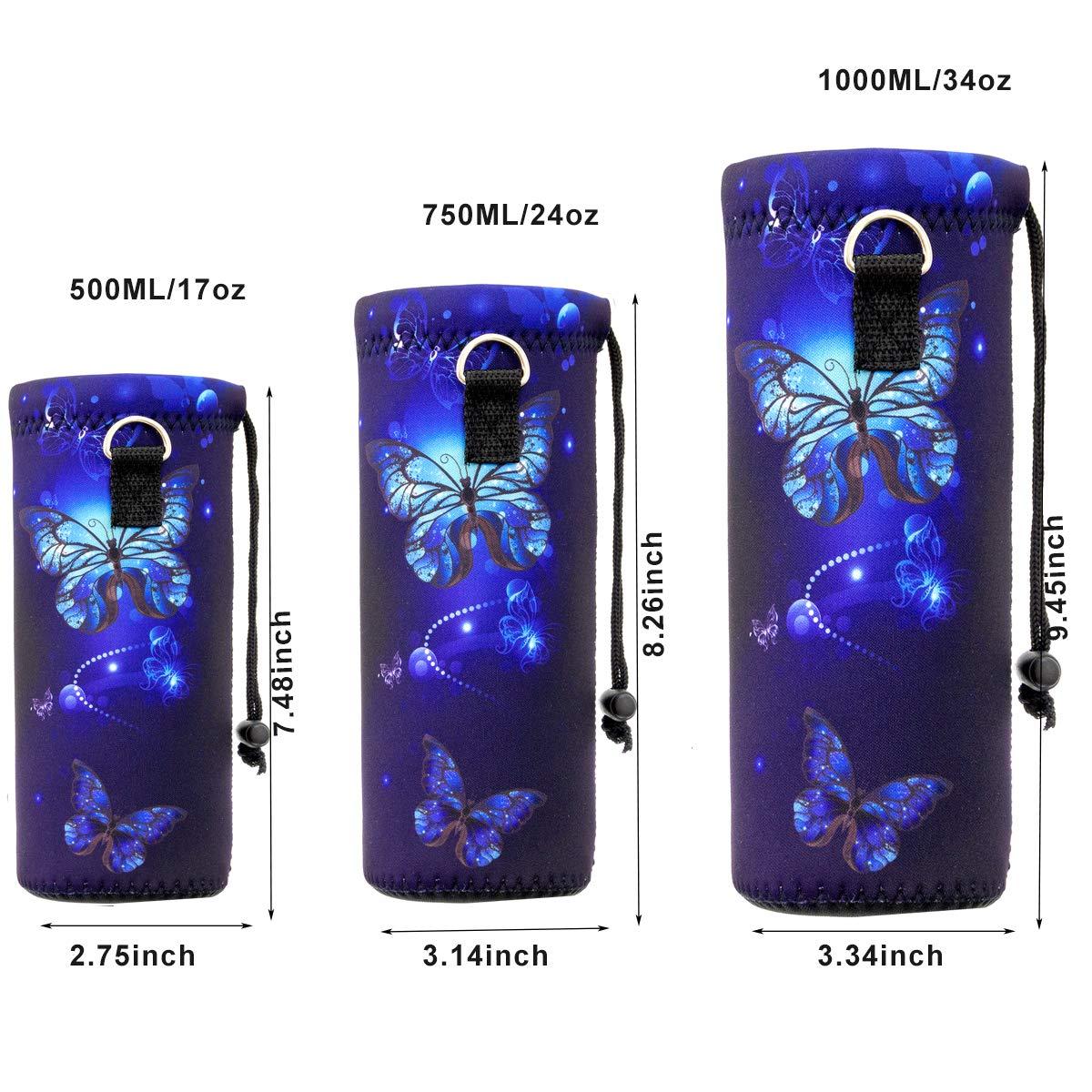 RICHEN RICHEN Neoprene Water Bottle Carrier Bag with Adjustable Shoulder Strap, Insulated for 750ml/24oz Stainless Steel/Glass/Plastic Bottles (Blue Butterflies, 750ml)